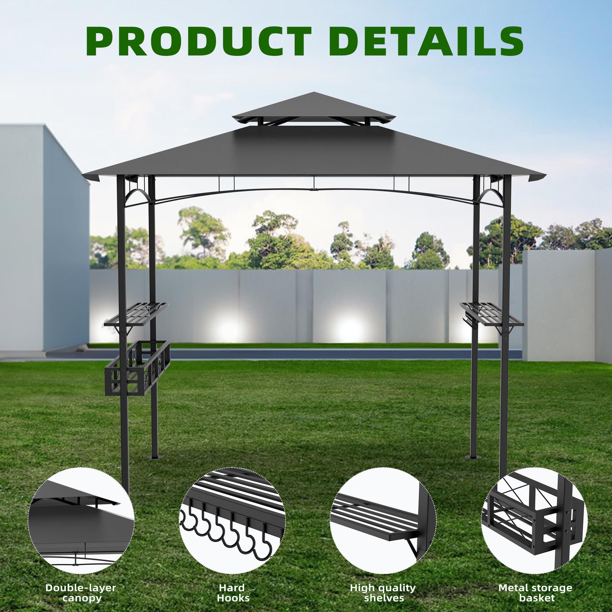 FIVMEN Cenador para barbacoa, 244 x 138 x 250 cm, con barra de bar y techo de doble capa, cenador de jardín, carpa para fiestas, protección UV