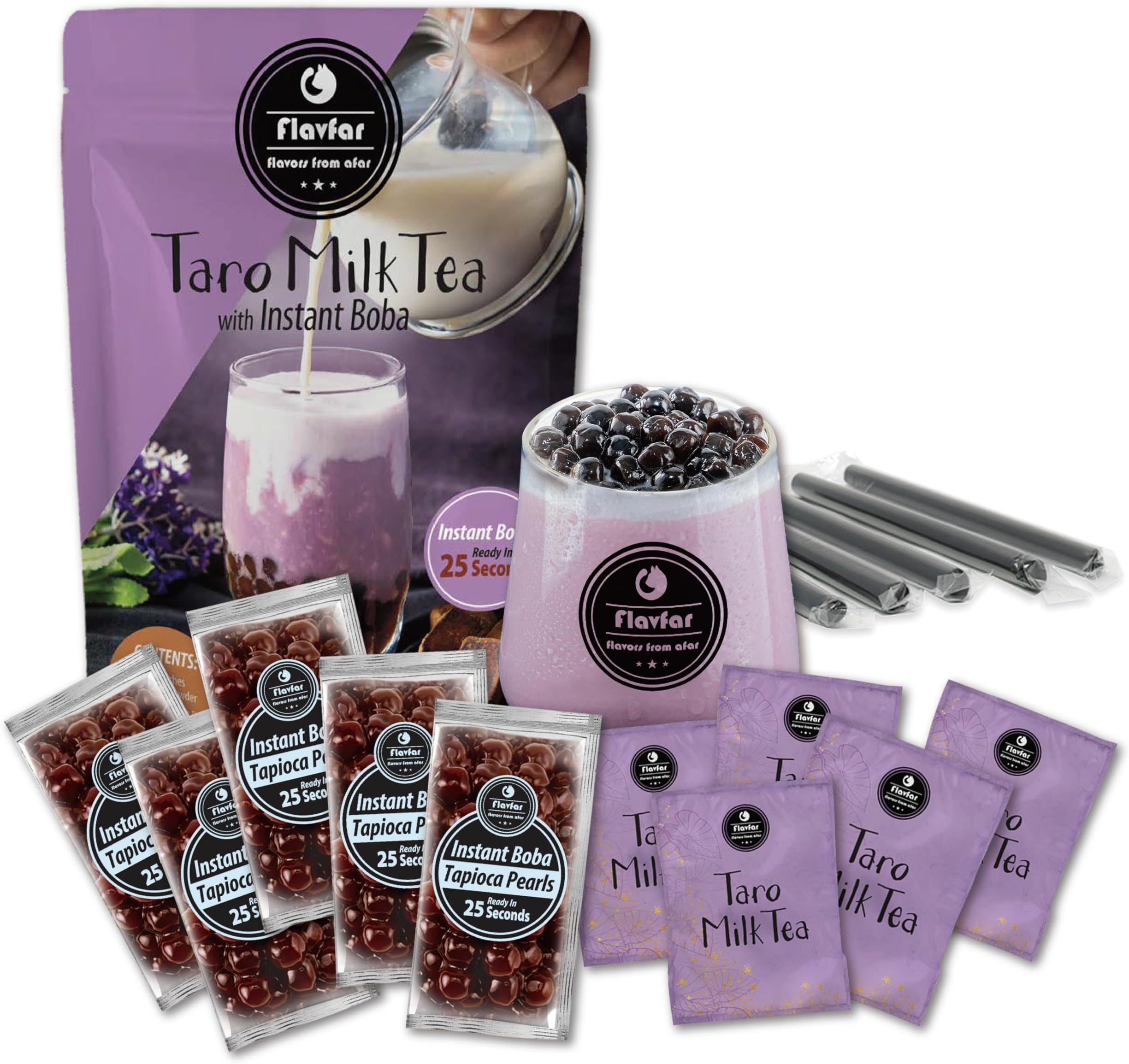 Flavfar Premium Instant Taro Milk Tea Kit with Authentic Brown Sugar Tapioca Boba and Straws | Ready in Just 25 Seconds | Perfect for Home, Parties, and Gift Giving - 5 Servings
