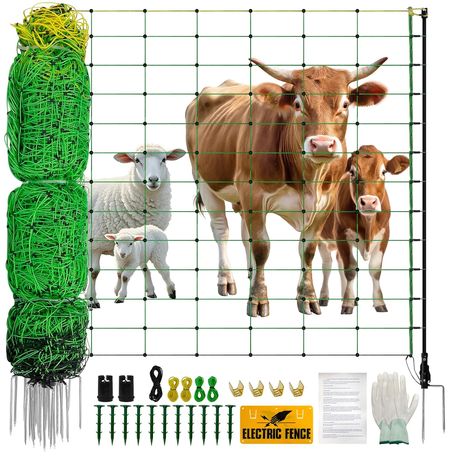 Electric Fence Netting, Portable Livestock Fencing for Sheep, Cattle, Net Fencing Kit with 14 Posts Double Spiked, Movable Poultry Netting for Backyards, Homesteaders, Farms Ranches (164 * 42.5)