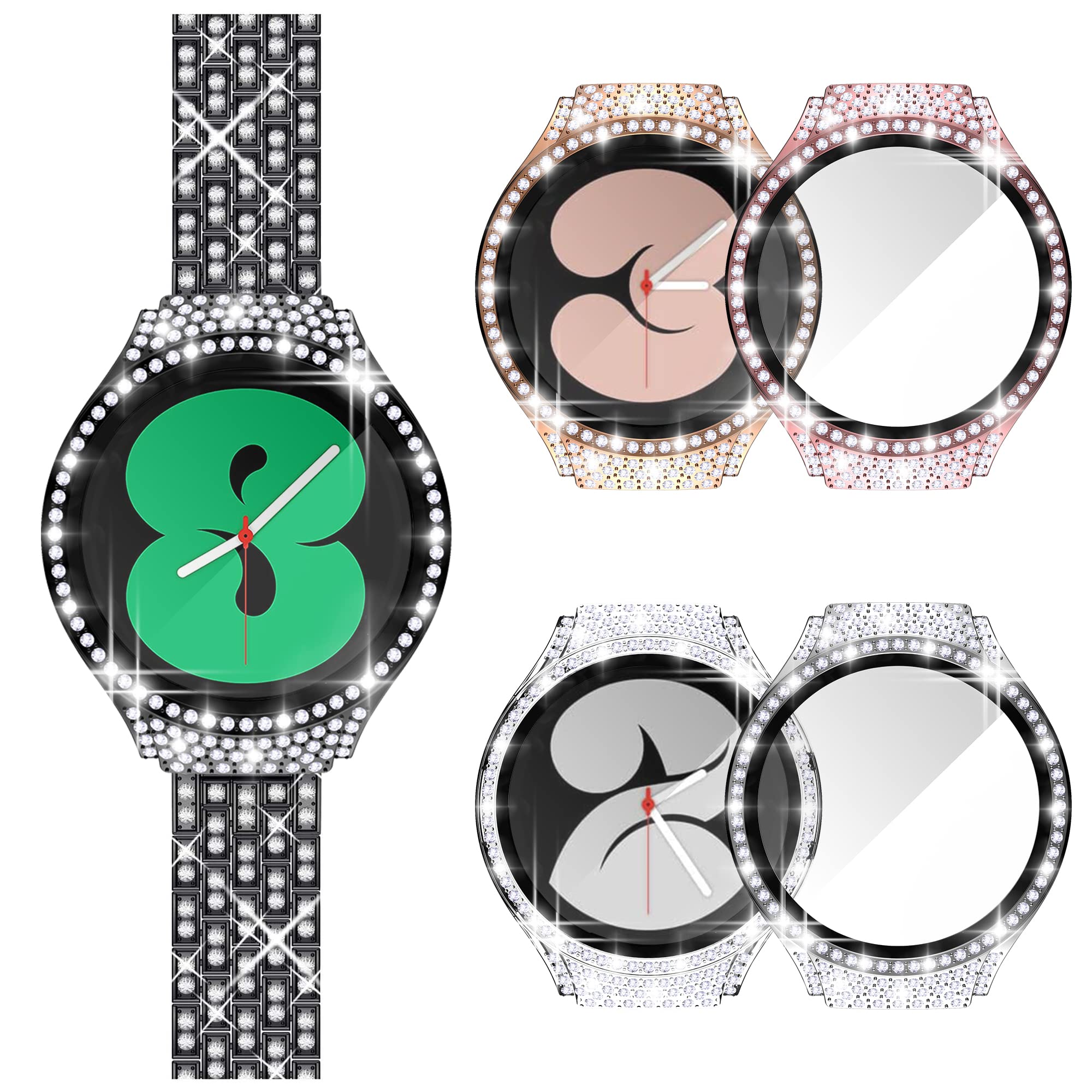 [5-Pack] RICHONE Compatible with Samsung Galaxy Watch 4 40mm Bling Case with Screen Protector Full Diamonds Cover Hard PC Bumper Frame (Watch 4 40mm, 5 Colors)