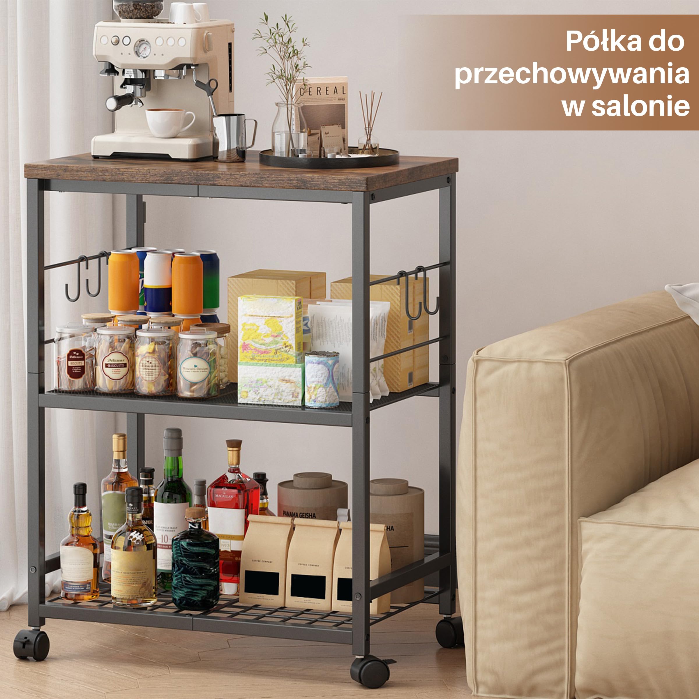 Rolowany WóZek Kuchenny pod MikrofalóWkę, 3-Poziomowy | Stolik pod MikrofalóWkę z Miejscem do Przechowywania, MałA PółKa na WóZek do Kawy do Organizacji Salonu lub Biura