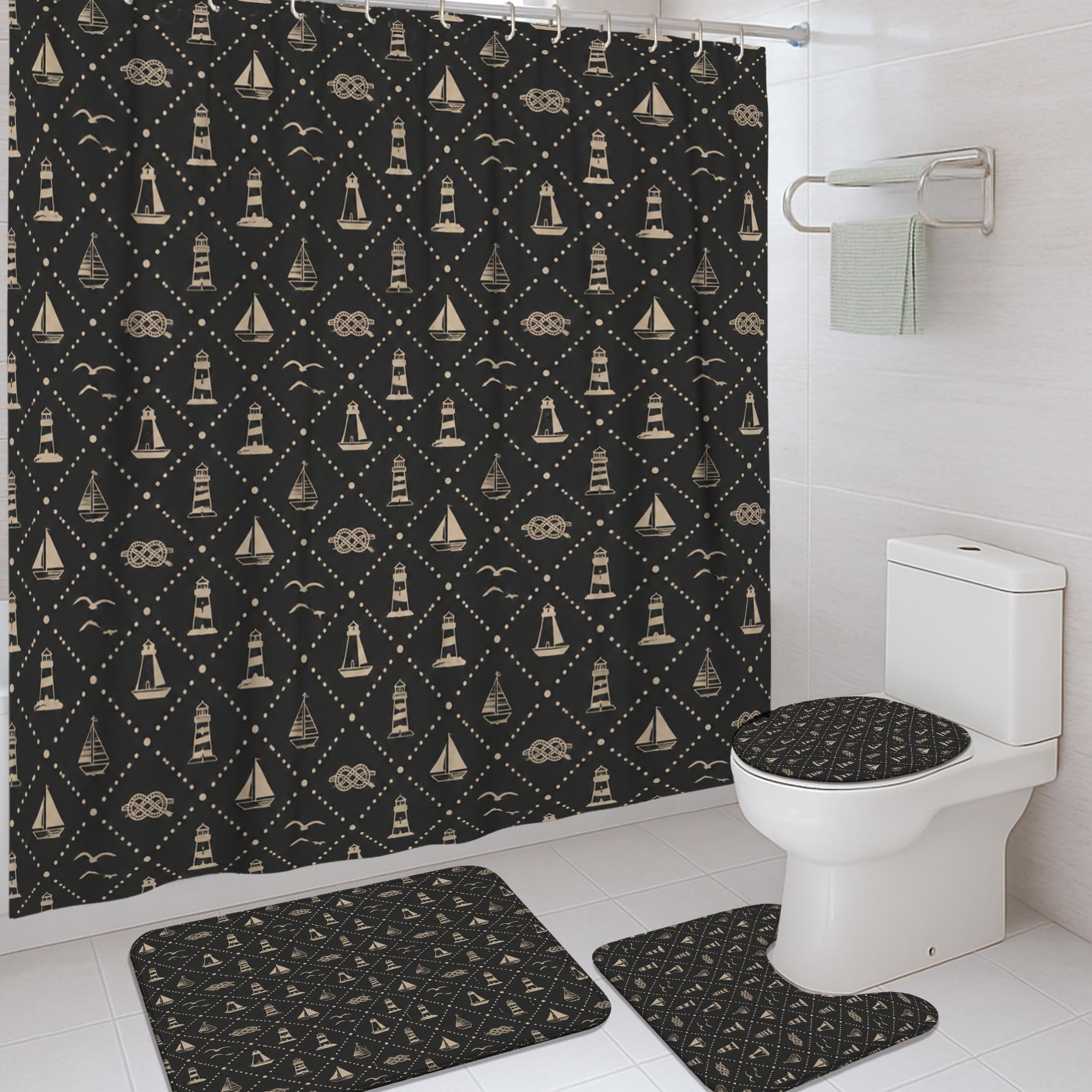 Ensemble rideau de douche avec crochets tapis salle de bain