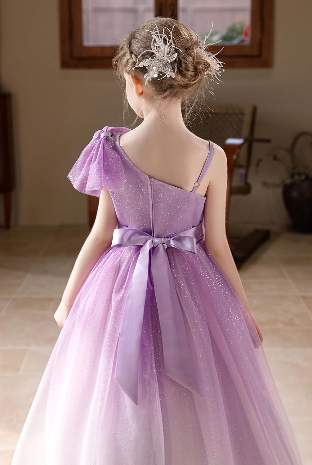 Tulle Flower Girls Dress One Shoulder Formal Princess Wedding Pageant Birthday Party Holiday Ball Gown Dresses