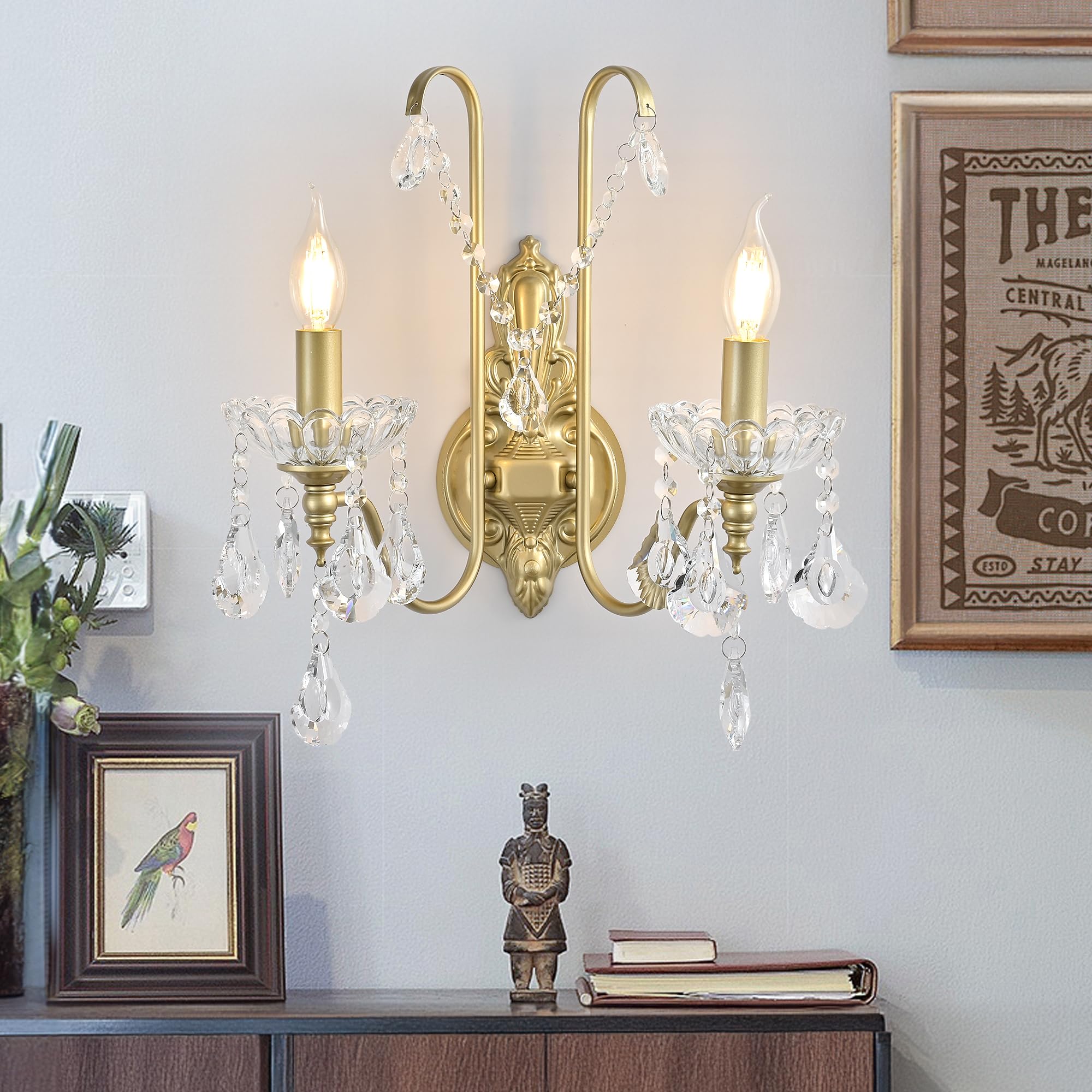 Ganeed Crystal Wall Lights Antique Retro Vintage French Style Rustic Indoor Wall Lamps for Hallway Porch Landing Foyer 2 Light E14 Champagne Gold (1 Pack)