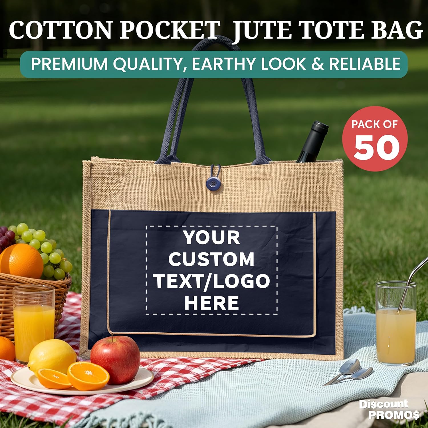 DISCOUNT PROMOS Custom Jute Tote Bags with Cotton Pocket Set of 50, Personalized Bulk Pack - Reusable, Great for Picnic, Camping, Beach, Outdoor Activities - Navy Blue - Image 4