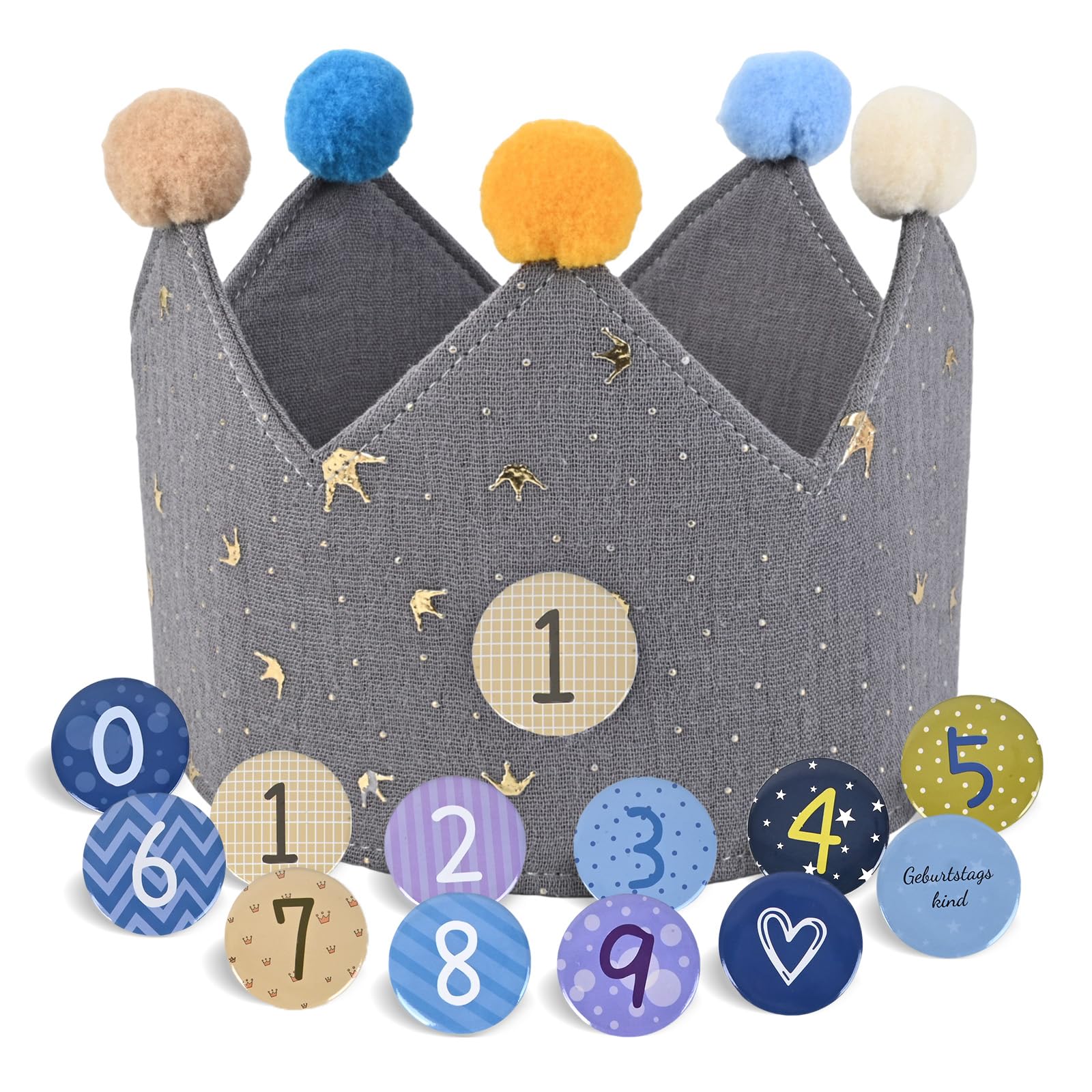 JOYUE Geburtstagskrone für Kinder, Geburtstagskrone aus Stoff mit Klett-Buttons Auswechselbaren Zahlen von 0-9, Unisex Krone für Kinder Geburtstag Party Supplies (Grau)