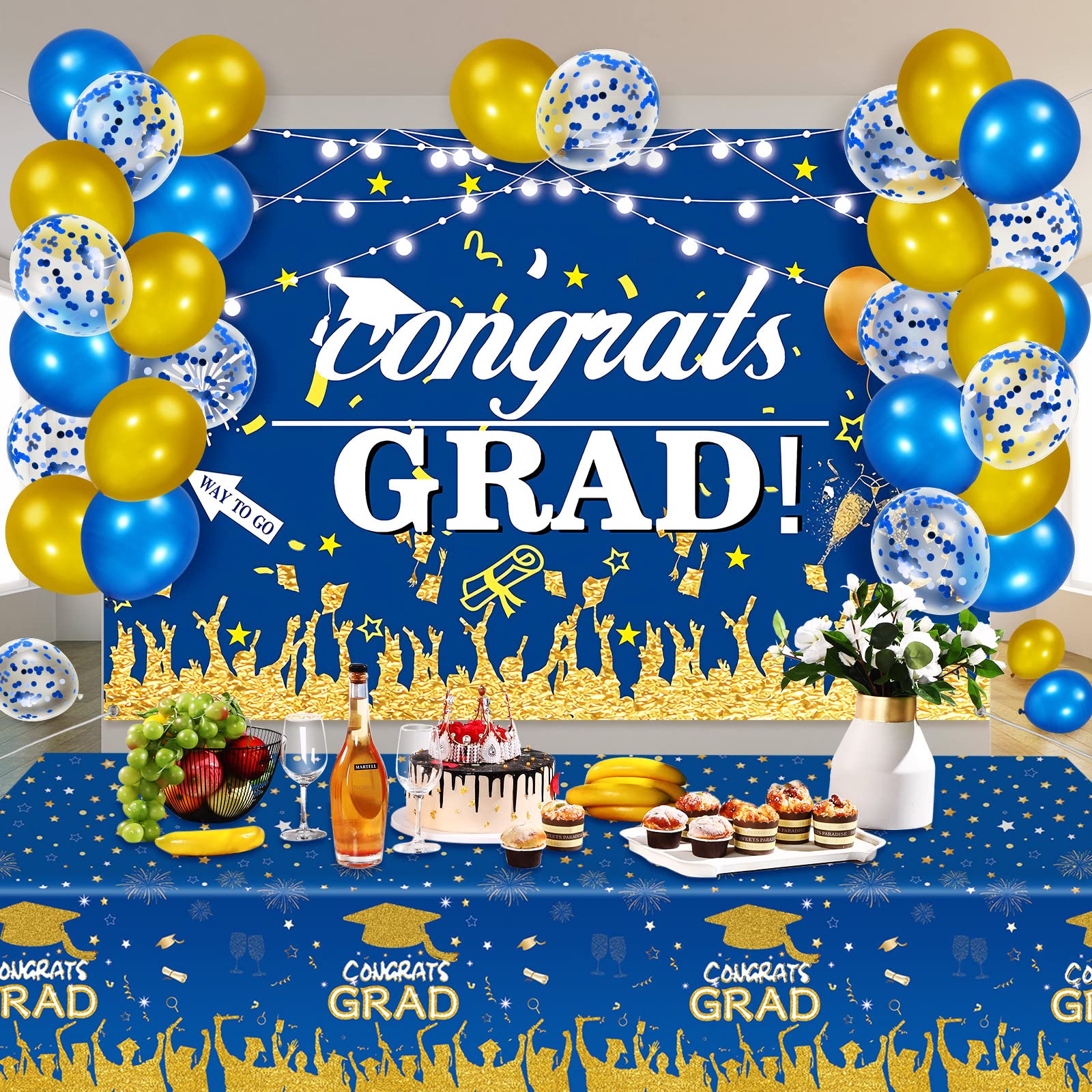 Photo 1 of 23 Pcs Class of 2023 Graduation Party Decorations Include 1 Congrats Grad Backdrop Banner 1 Graduation Tablecloth and 21 Graduation Theme Latex Confetti Balloons for School (Blue)