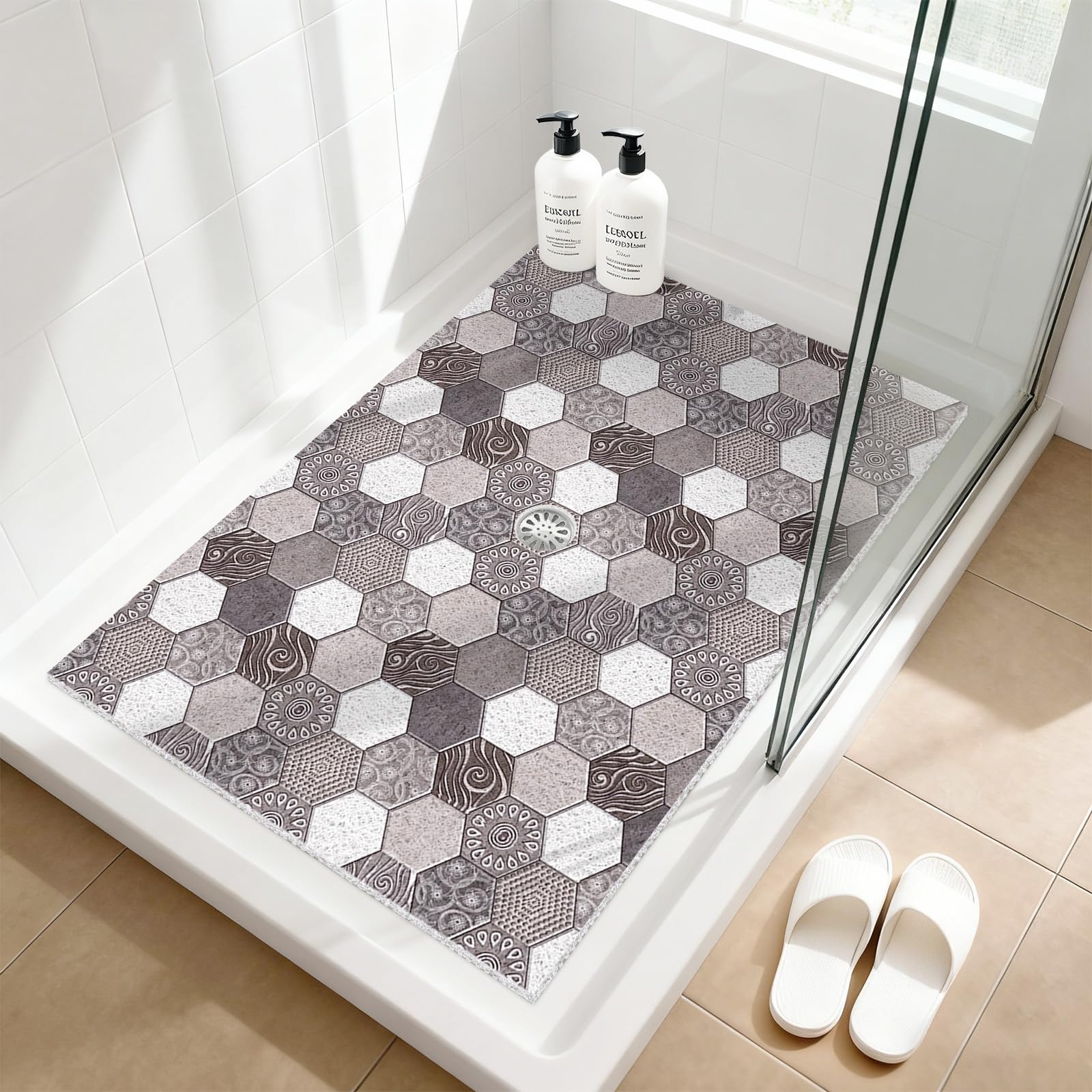 Shower Mat Non Slip: 47.2x31.5 Inch Extra Large Shower mats for Inside Shower with Drain Hole in Middle, Super Soft PVC Loofah Massage Shower Floor Mat, Anti Slip Shower Stall Mat, Quick Drying