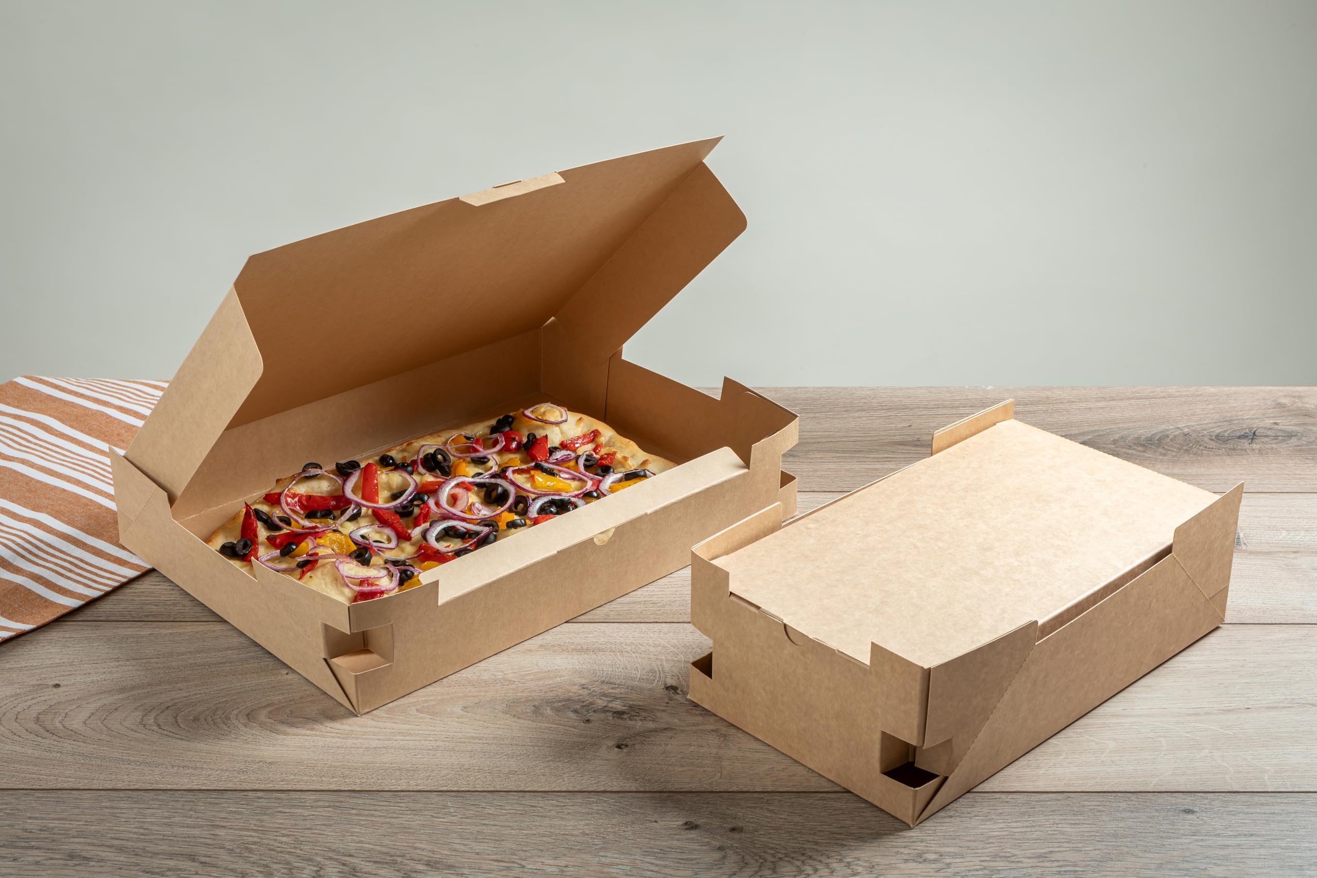 Scatola Pizza da asporto compostabile 40x30x6, 80 pz INODORE, RESISTENTE ALL'UMIDITA' E CALORE, 100% KRAFT NATURALE, CELLULOSA INNOVATIVA CHE NON ALTERA IL PROFUMO E IL SAPORE DELLA PIZZA