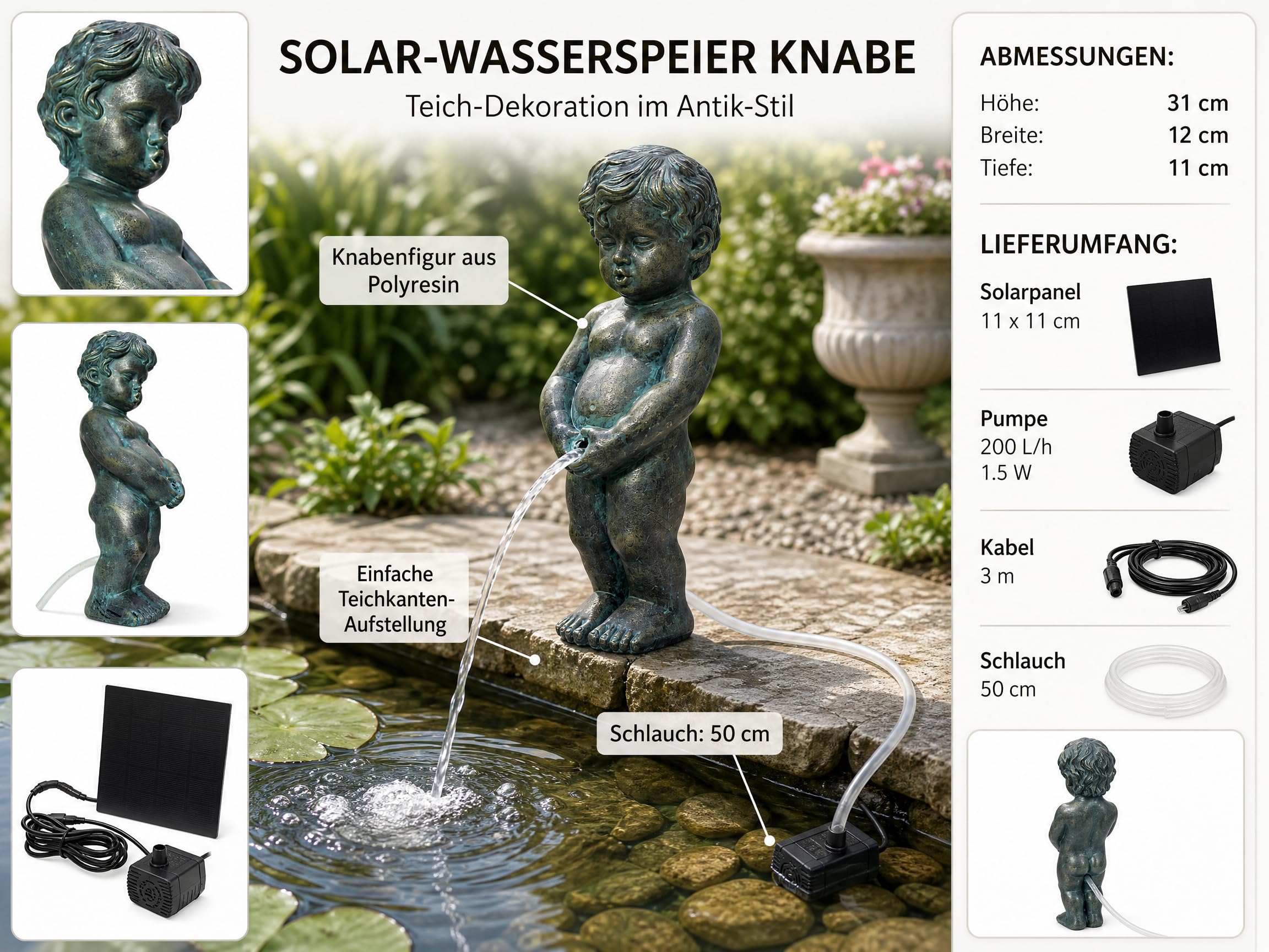 Arnusa Solar Wasserspeier – Teichfigur mit Solarpumpe & Wasserspiel – Gartendeko aus Polyresin in Kupfer-Optik – Solarbrunnen für Gartenteich & Wasserlauf (Junge 11x12x31 cm)