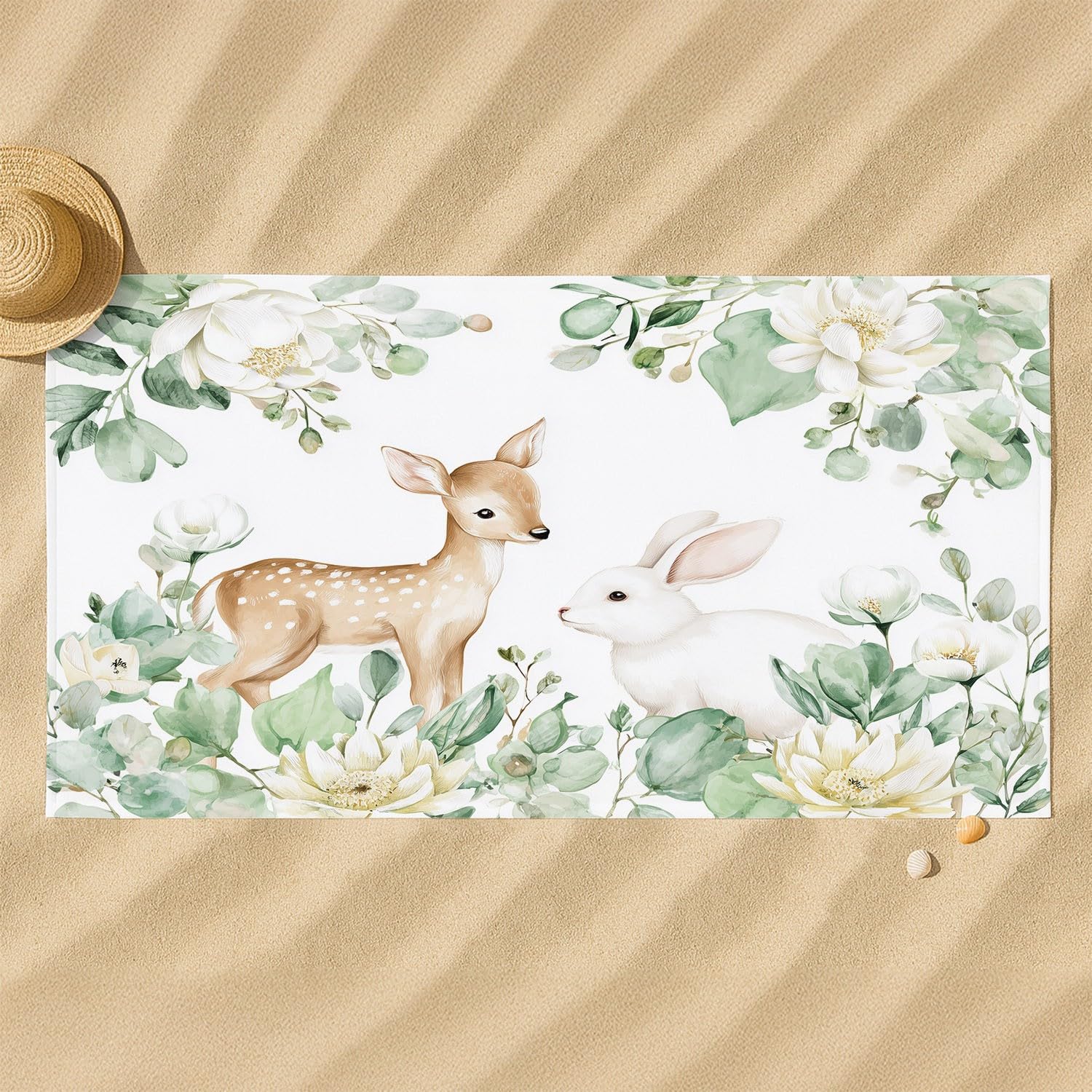 Générique Serviette de Plage Microfibre 200 x 100 CM,Drap de Plage Doux, Frais, Naturel, Style Livre d'images, Couverture de Plage Absorbante,Couverture de Bain Plantes, Faon, Petit Lapin, Fleurs