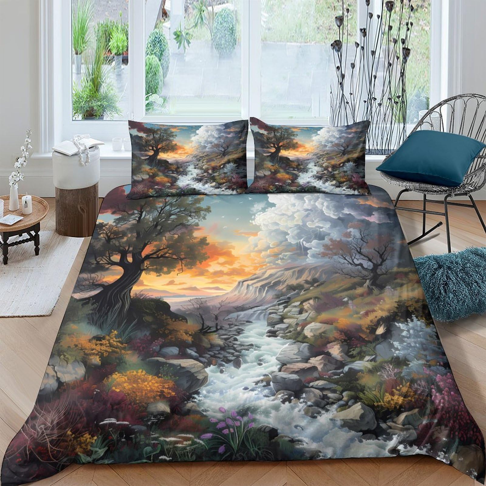 Ctjqhvkz Style-4 3D Printed Sunset Forest Fitted Sheet Microfiber Soft Breathable River Landscape Mattress Cover For Bedroom Decor Single（135X200cm）