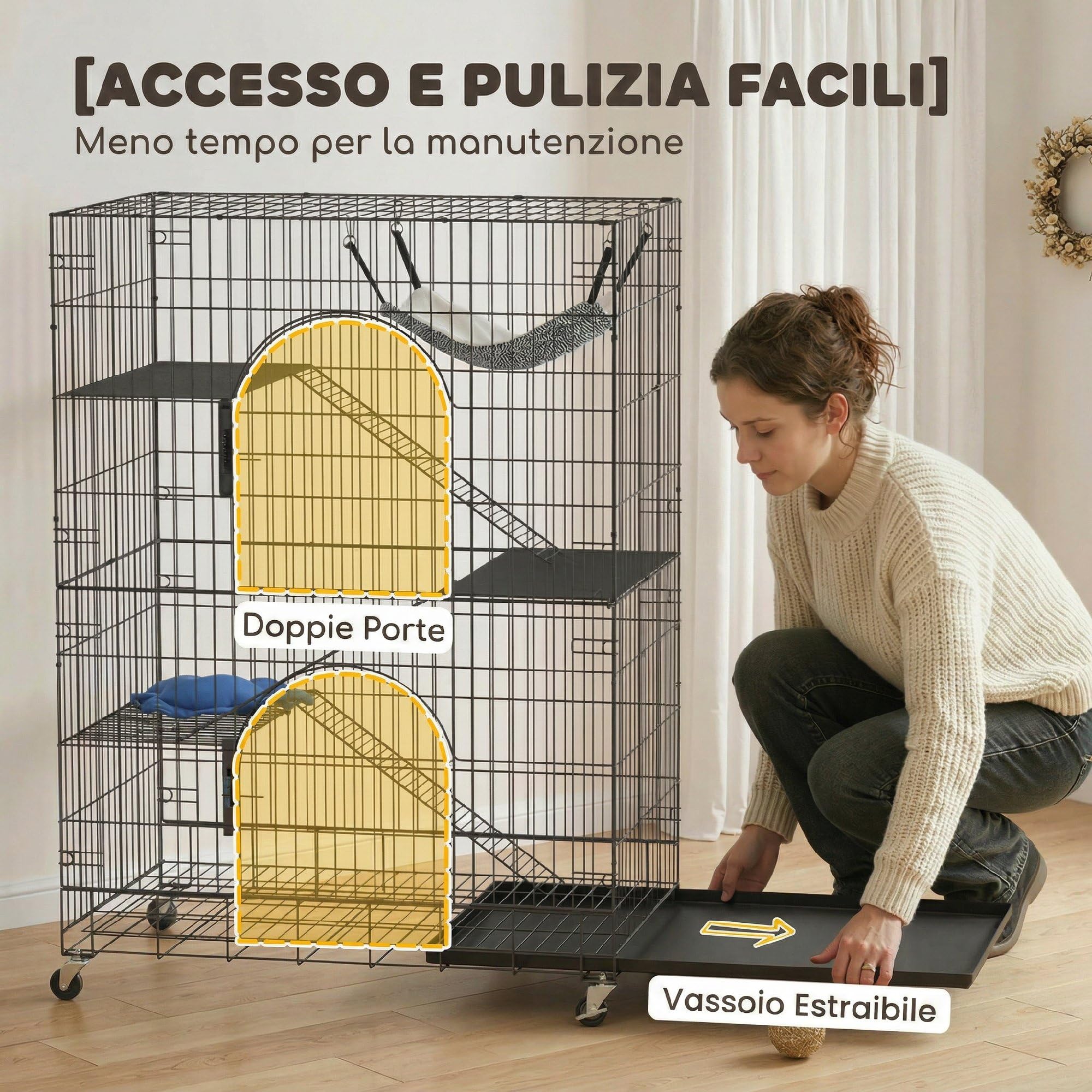 PawHut Gabbia per Gatti Grande 4 Livelli con Ruote, Recinto per Gatti da Esterno ed Interno in Metallo, Vassoio Estraibile, Amaca, Letto, Rampe, Piattaforme, per 1-2 Gatti, Scoiattoli Cincillà, Nero