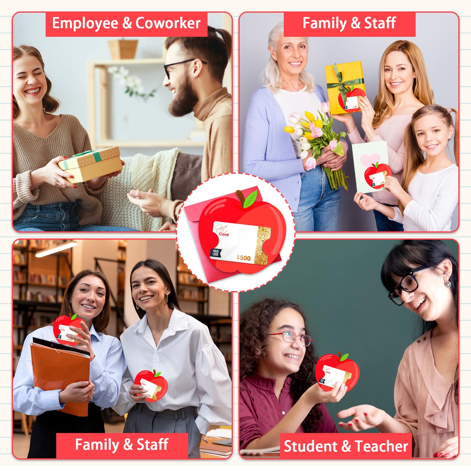 JUESMOS 8 Pack Teacher Gift Cards Holder Teacher Appreciation Week Apple Card Holder Money and Gift Card Sleeves for End of Year Preschool Kindergarten High School Graduation Gifts