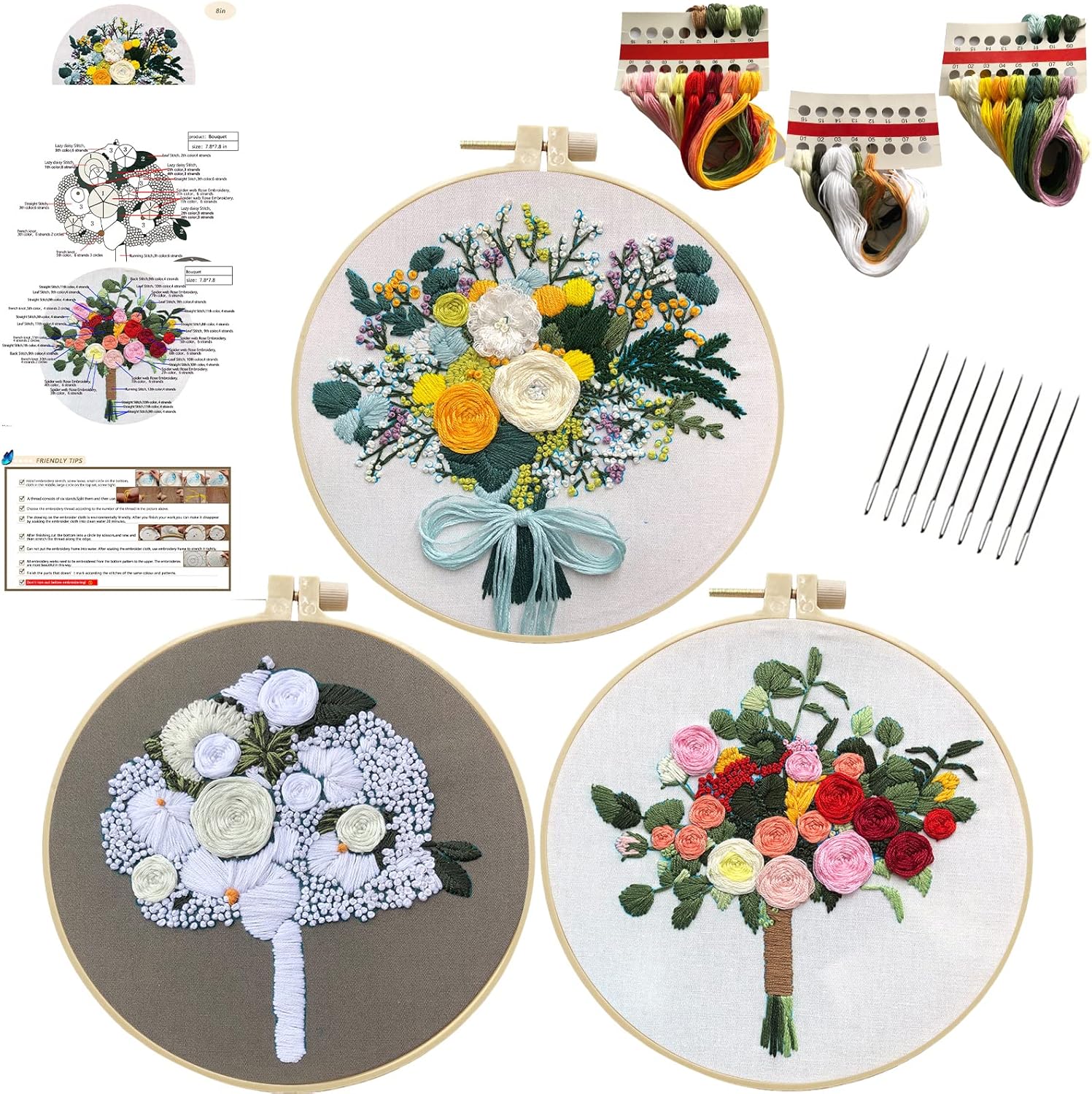 3 Sets Flower Embroidery Kit for Adults Beginner with Embroiery Pattern