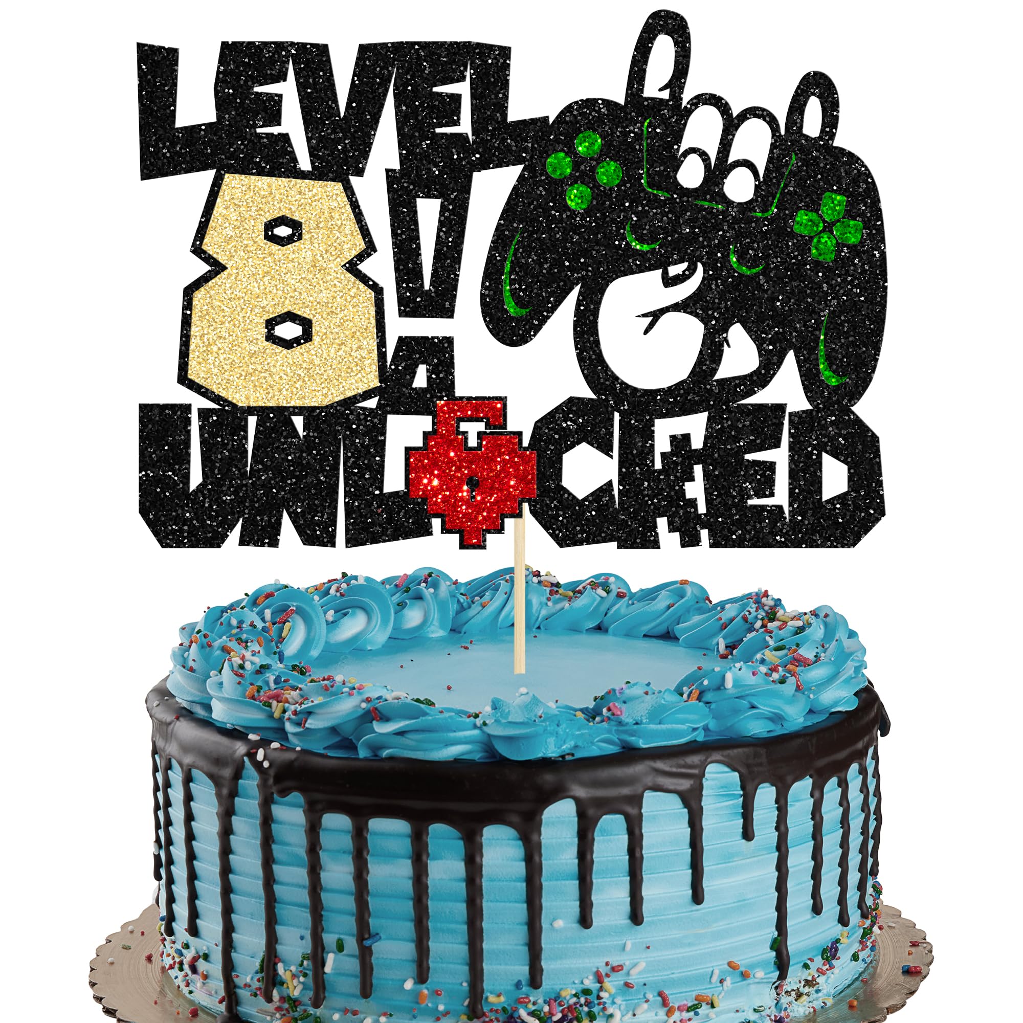 Gyufise 1Pcs Video Game 8th Birthday Cake Topper Controller Level 8th Unlocked Party Cake Pick Decoration for Kids Teenagers Birthday Party Supplies
