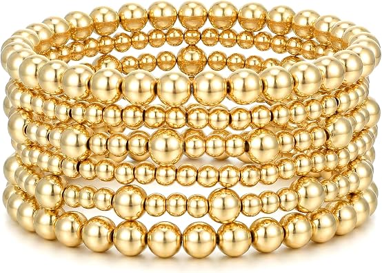 7Pcs Gold Bracelets for Women, Stretchable Elastic Gold Strand Bead Ball Bracelet Adjustable Trendy Bohemian Jewelry for Fashion Accessories Gifts