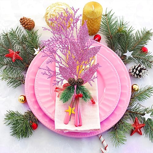 Miniatura 9 de Winlyn 30 piezas de hojas artificiales de Navidad en aerosol, púas de cedro, adornos dorados para árbol de Navidad, tallos florales para coronas de