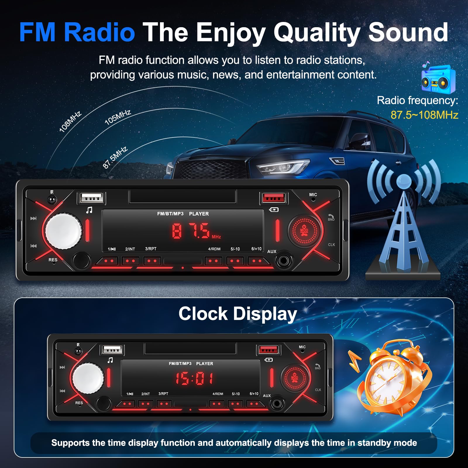 Auto Radio mit Bluetooth, Autoradio mit FM Radio/AUX/EQ/USB/RCA/U Disk/EQ/SWC, Autoradio 1 Din Unterstützung MP3 Player 12V