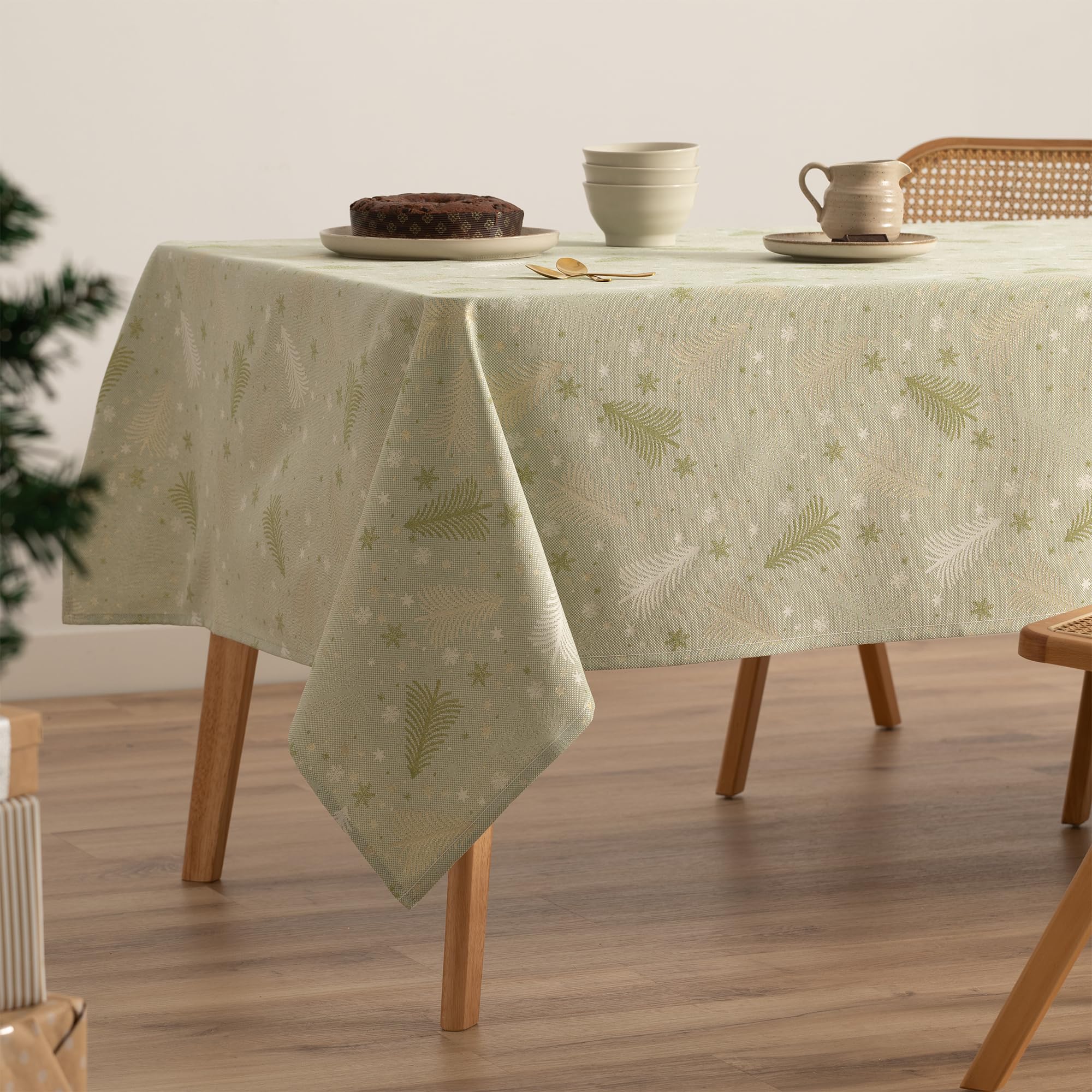 GAMUSI Mantel Navidad Jacquard Hilo Dorado Mesa Comedor Rectangular Decoración Navideña 140x100 cm Color Verde/Oro
