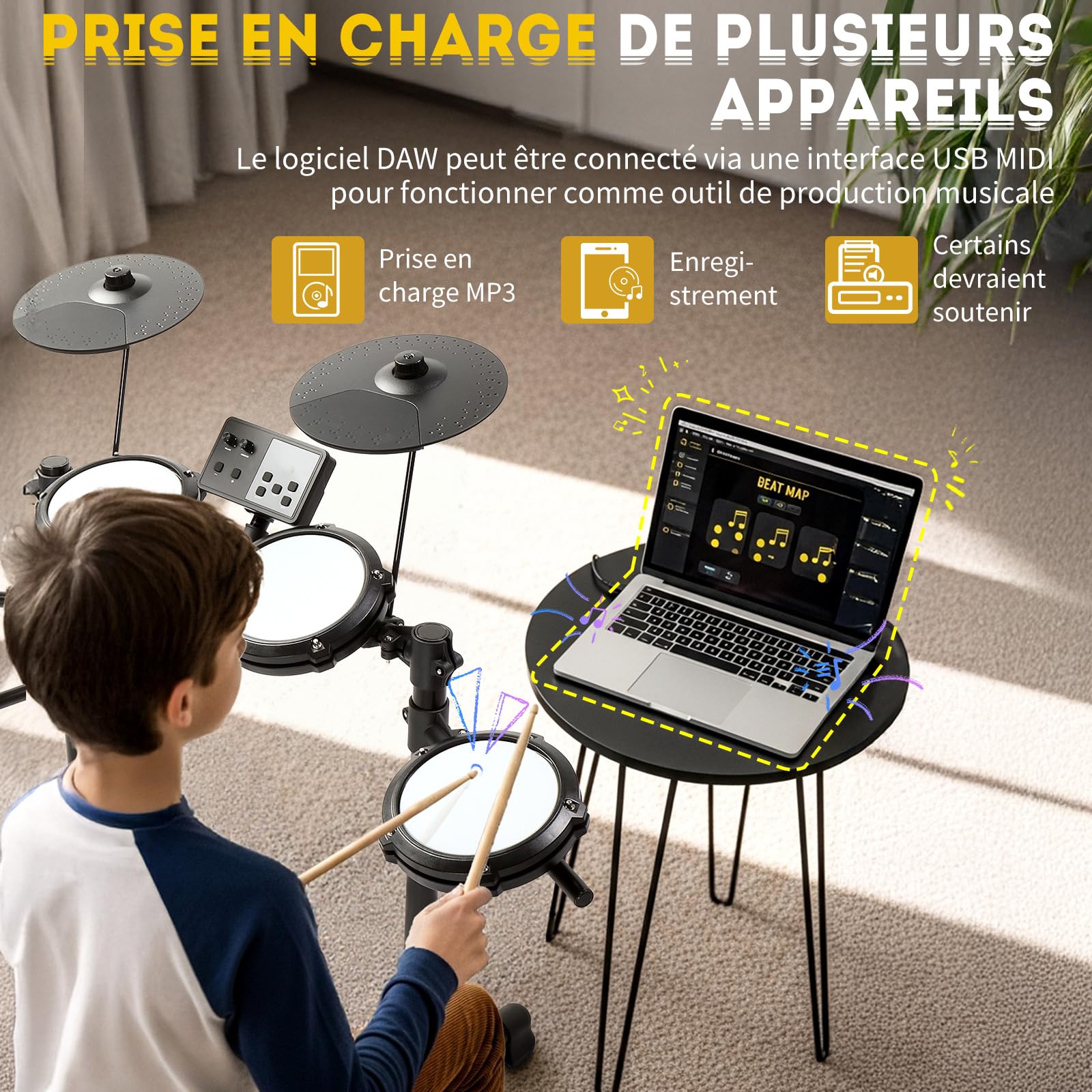 LEADZM Batterie Électronique Débutant Professionnelle, Kit de Batterie Numérique 6.5 in avec Baguettes et Trône de Tambour, 15 Sets de Batterie, 150 Sons, 10 Demo Songs, USB MIDI