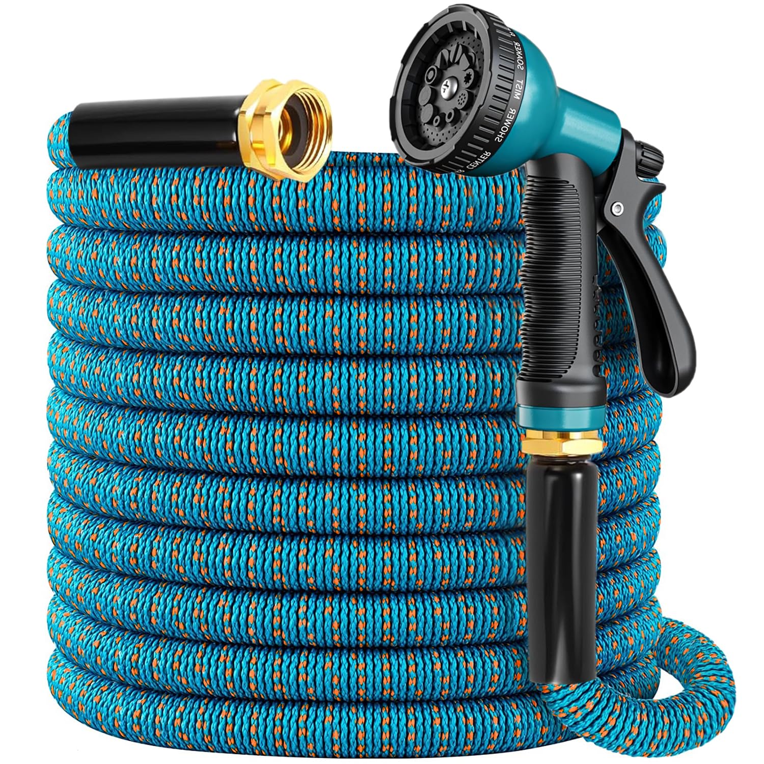 Photo 1 of 100 ft Expandable Garden Hose, 2026 New Retractable Water Hoses 100ft with 10 Function Spray Nozzle, Solid Brass Fittings, Extra Strength Fabric, Flexible Expanding Latex Core, Lightweight & No Kink