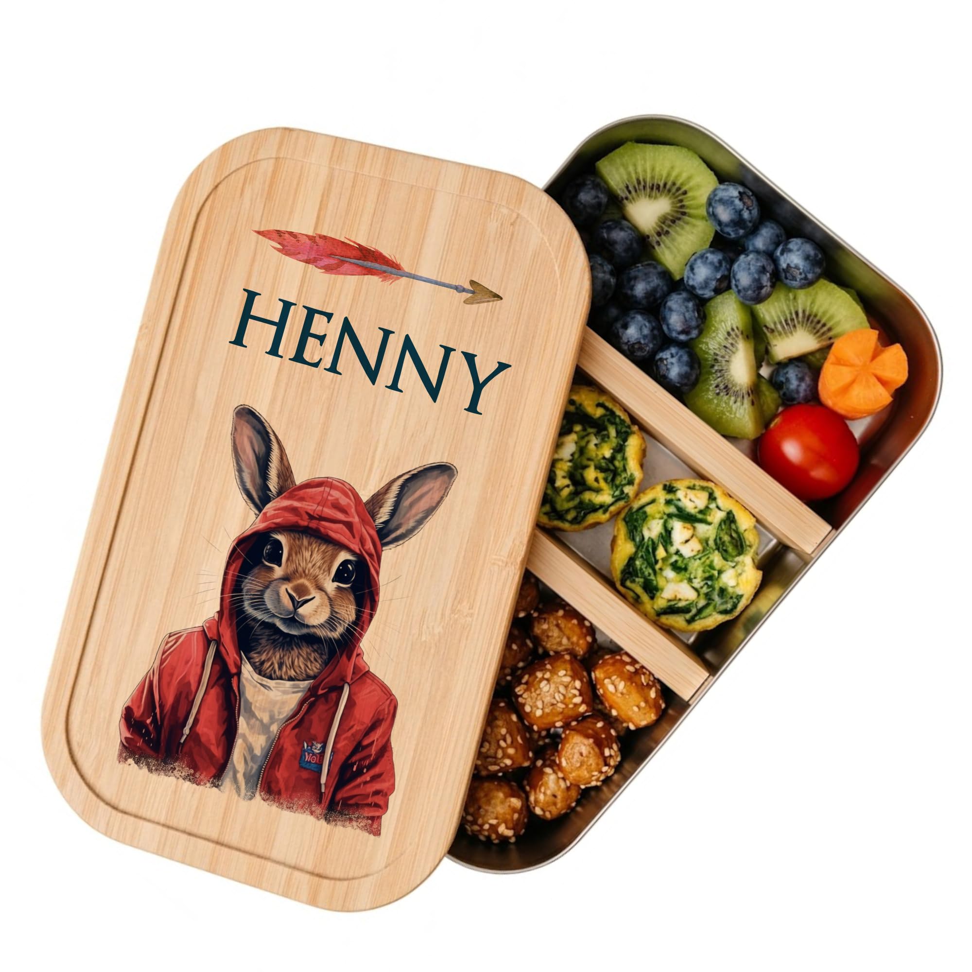 Manufaktur Liebevoll - Personalisierte Brotdose mit Fächern, Edelstahl Lunchbox mit Bambus Deckel u. Trenner, Nachhaltige Brotbüchse | Mädchen, Jungen (Motiv Hase, Weißblech | Größe S)