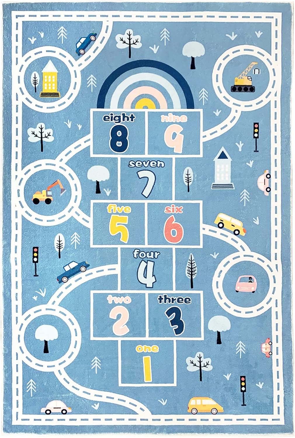 Kids Play Mat Hopscotch Area Rug Car Rug 5x8Ft Extra Large Hopscotch Rug for Kids Boys Bedroom Classroom Carpet Educational Learning Area Rug Children Rug Preschool Boys Shower Gift, Blue