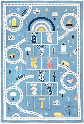 Miniatura 4 de Alfombra de juego infantil de 4 x 6 pies, alfombra grande de Hopscotch para niños, para dormitorio, sala de juegos, alfombra suave para aula, área