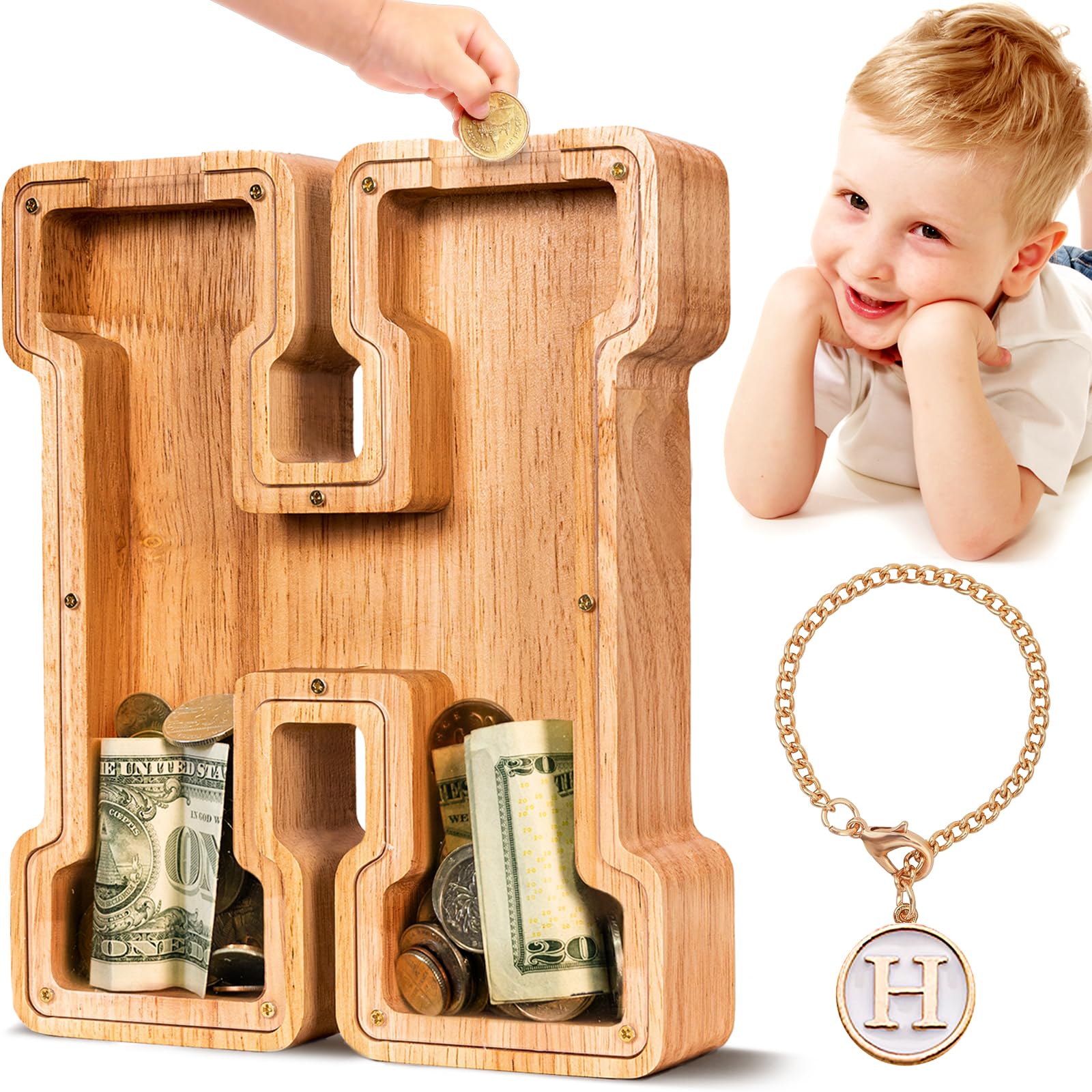 Summidate Spardose für Kinder Junge, Personalisiert Holz Großes Sparschwein, Unzerbrechliches Buchstabe A-Z Sparbüchse für Kinder Mädchen, Erwachsene, Geschenk&Dekoration