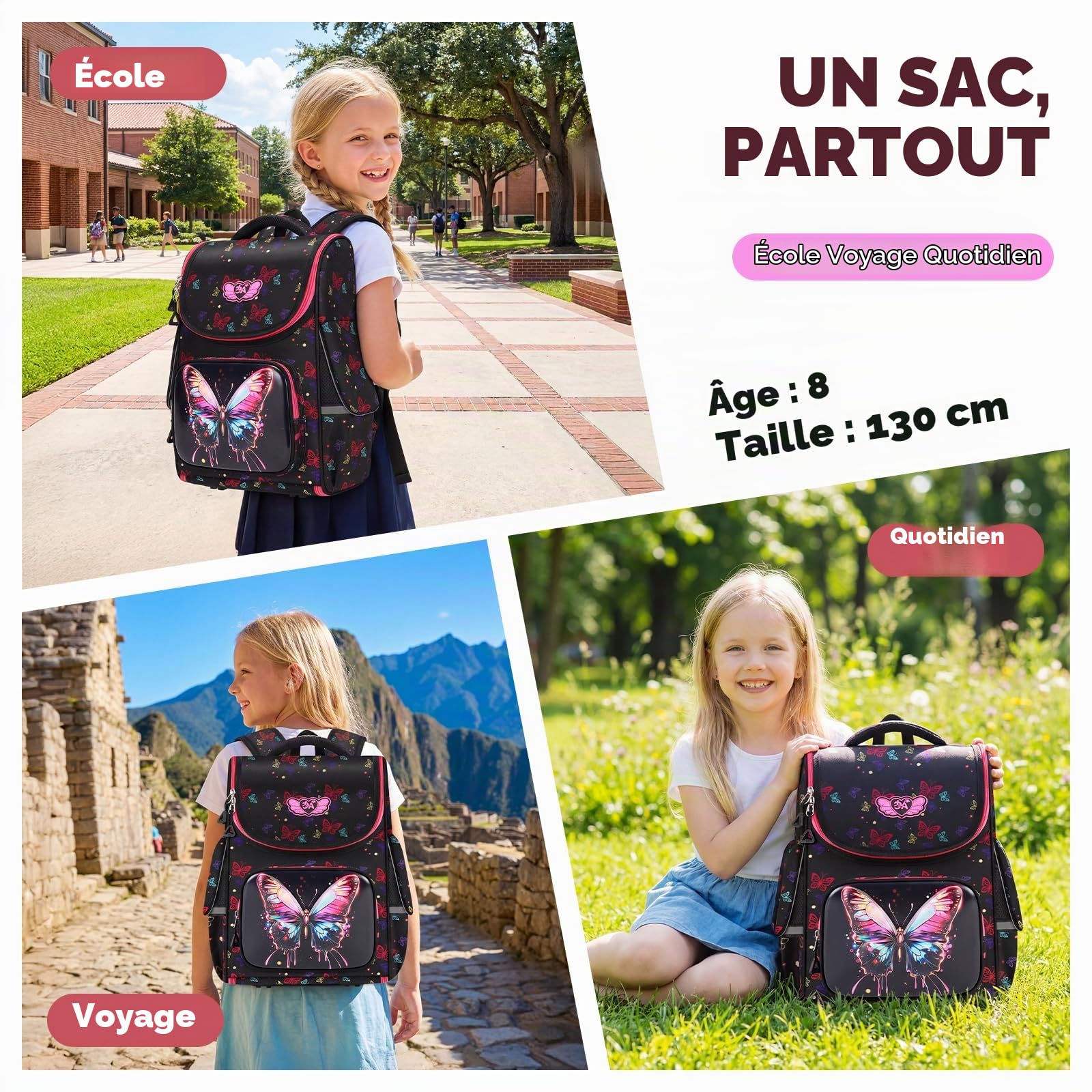 Amythe Cartable Fille CP CE1 CE2 – Sac à Dos École Primaire Enfant 6-8 Ans Léger Ergonomique avec Bandes Réfléchissantes – Imperméable pour la Rentrée, l’École et les Voyages