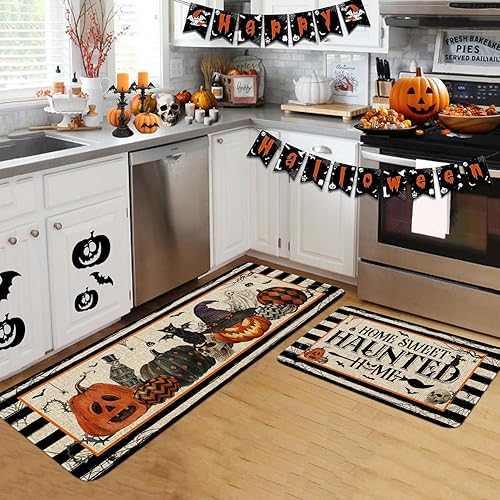 Miniatura 4 de Juego de 2 tapetes de cocina de Halloween, hogar encantado para el hogar, tapete de cocina de Halloween, decoración de cocina de Halloween,