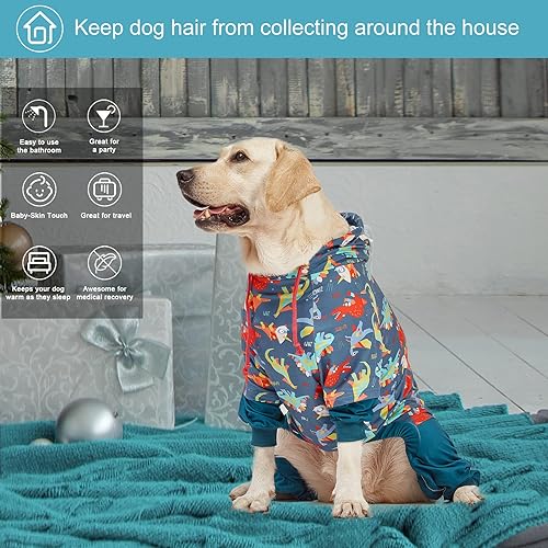 Miniatura 6 de LovinPet Pitbull Breeds - Pijama para perros con diseño de rayas reflectantes, estampado azul marino súper dinos, ropa de recuperación quirúrgica,