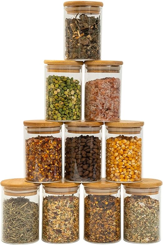 Kit 10 potes de vidro 250ml com tampa de bambu herméticos redondos - Tüd