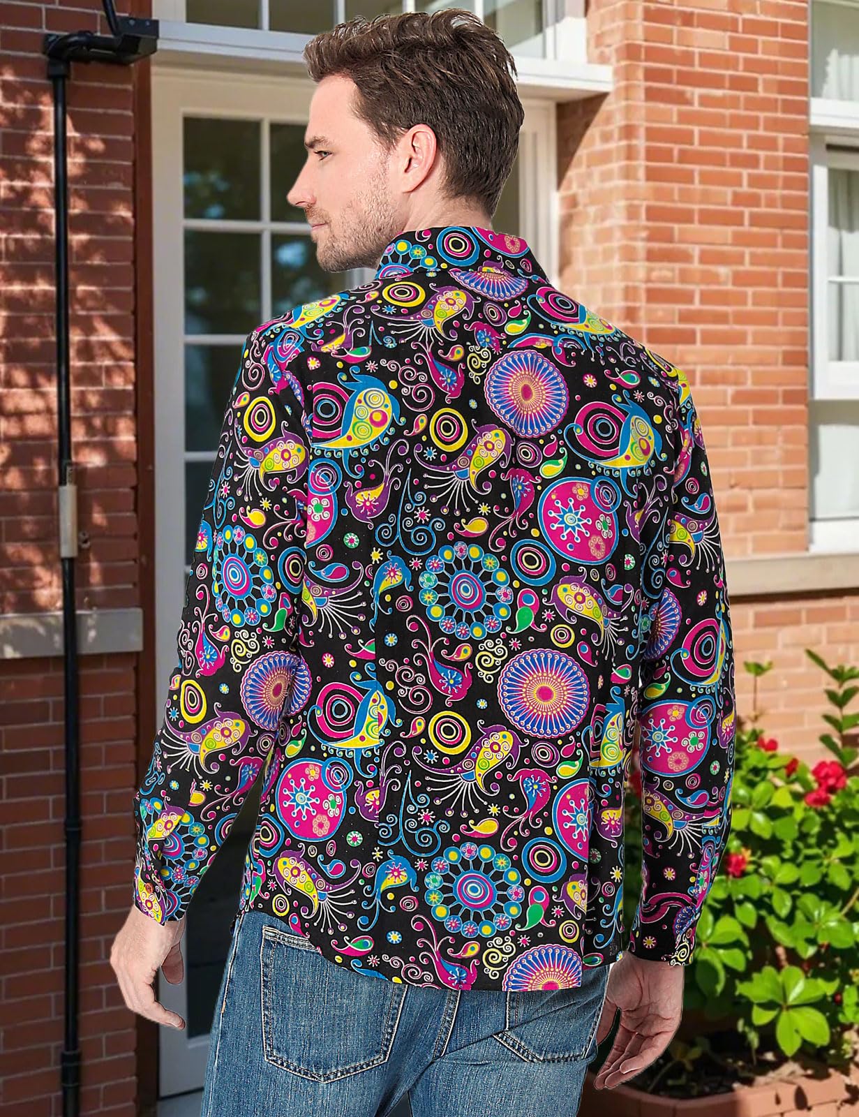 Chemise Hippie années 70 pour Homme Manches Longues Chemises Casual Fleur Moche