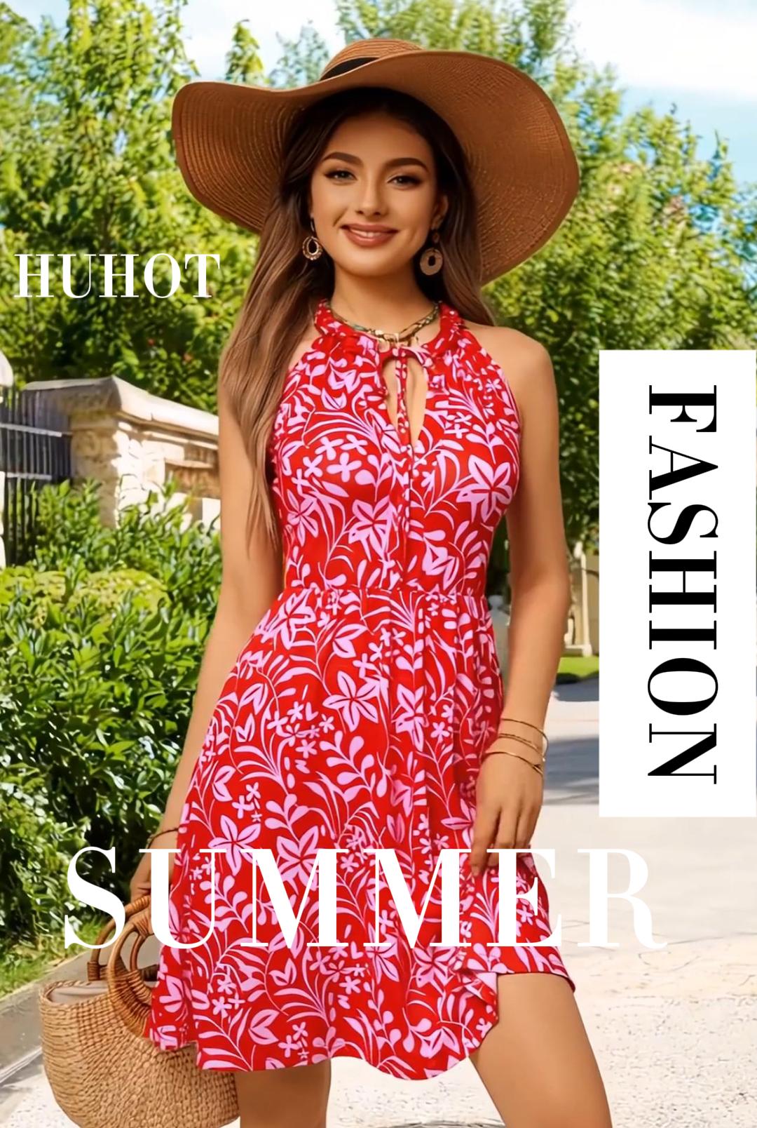 HUHOT Vestidos De Verano Para Mujer, Cuello Redondo, Floral, Sin Mangas, Casual, Verano, Playa, Sin Mangas, Con Bolsillos, Verde