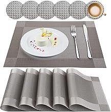 Vikuces Placemats and Coasters Sets of 6, PVC Vinyl Table Mats Non-Slip Heat Resistant Washable Dinner Mats Place Mats for Kitchen Dining Table Home Restaurant,Grey