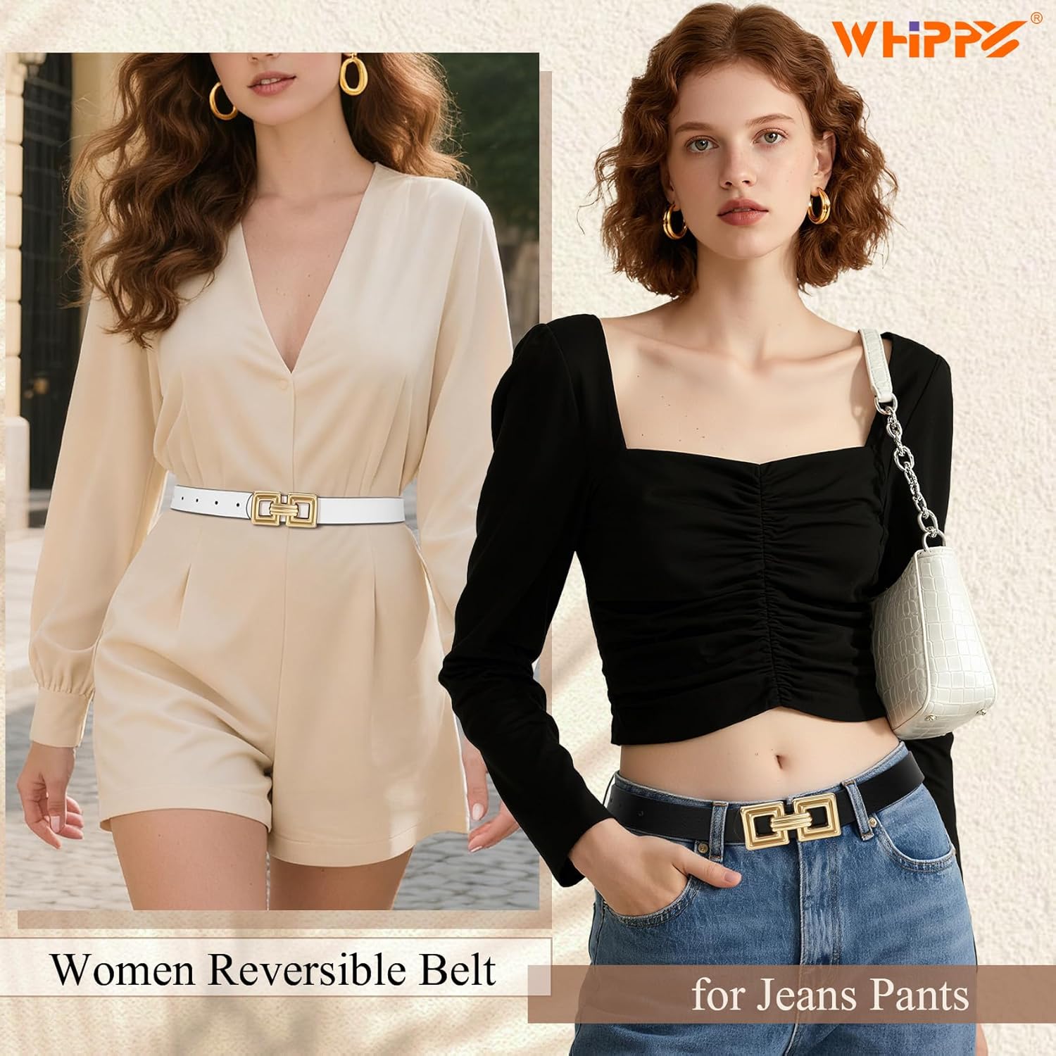 WHIPPY Reversible Leather Belt for Women Fashion Ladies Faux Leather Belt for Jeans Pants Dress with Gold Buckle 1 Pack - Image 3
