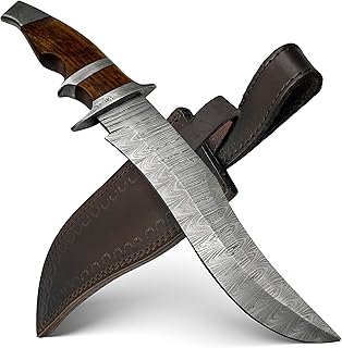 Gifts for Men - Damascus Hunting Knife with 8 Inch Fixed Blade - Tactical EDC Knife with Walnut Handle and Damascus Guard - Knives for Men with Leather Sheath. Great Piece For Knife Set Collection - MZM Shopaco