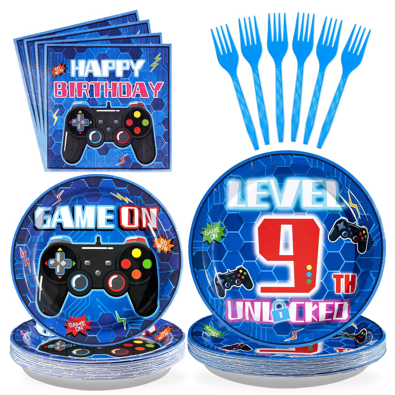 96Pcs 9th Video Game Birthday Party Decorations Blue Video Game Level 9 Birthday Plates and Napkins Tableware Sets for Kids Boys 9 Years Old Gamer