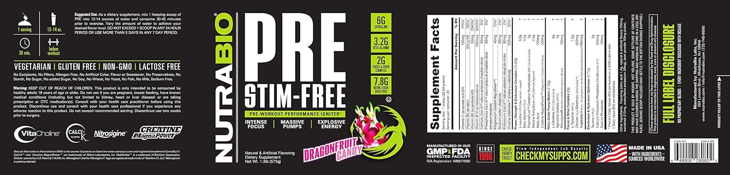 NutraBio PRE Stim Free – Caffeine Free Pre Workout Powder - Sustained Energy, Mental Focus, Endurance - Clinically Dosed Formula - Beta Alanine, Creatine - Dragonfruit Candy