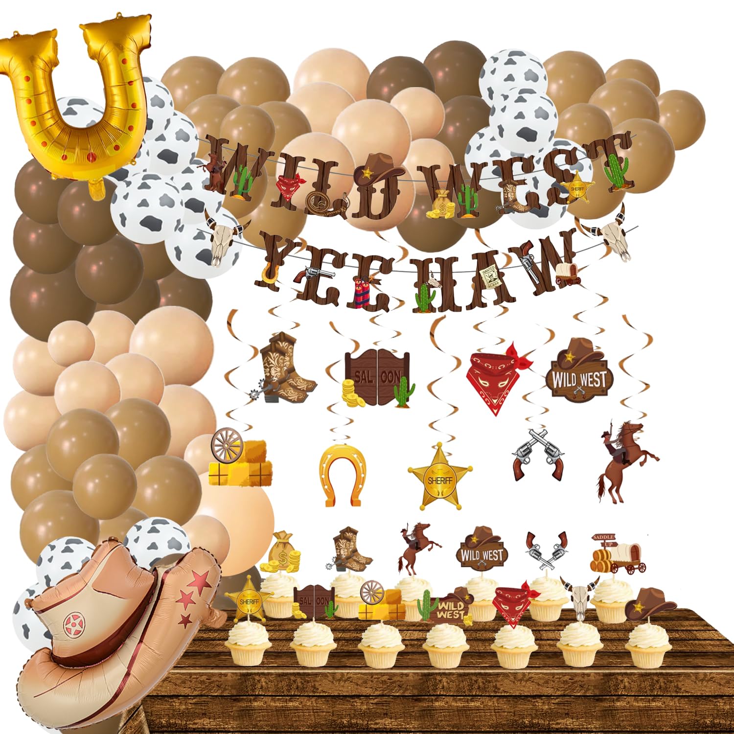 Cowboy Party Decorations,Western Party Decorations Revolver Hanging Swirls,Wild West Banner,Cowboy Boot and Hat Balloons,Desert Balloons Arch,Wilderness Cake Toppers,Tablecloth