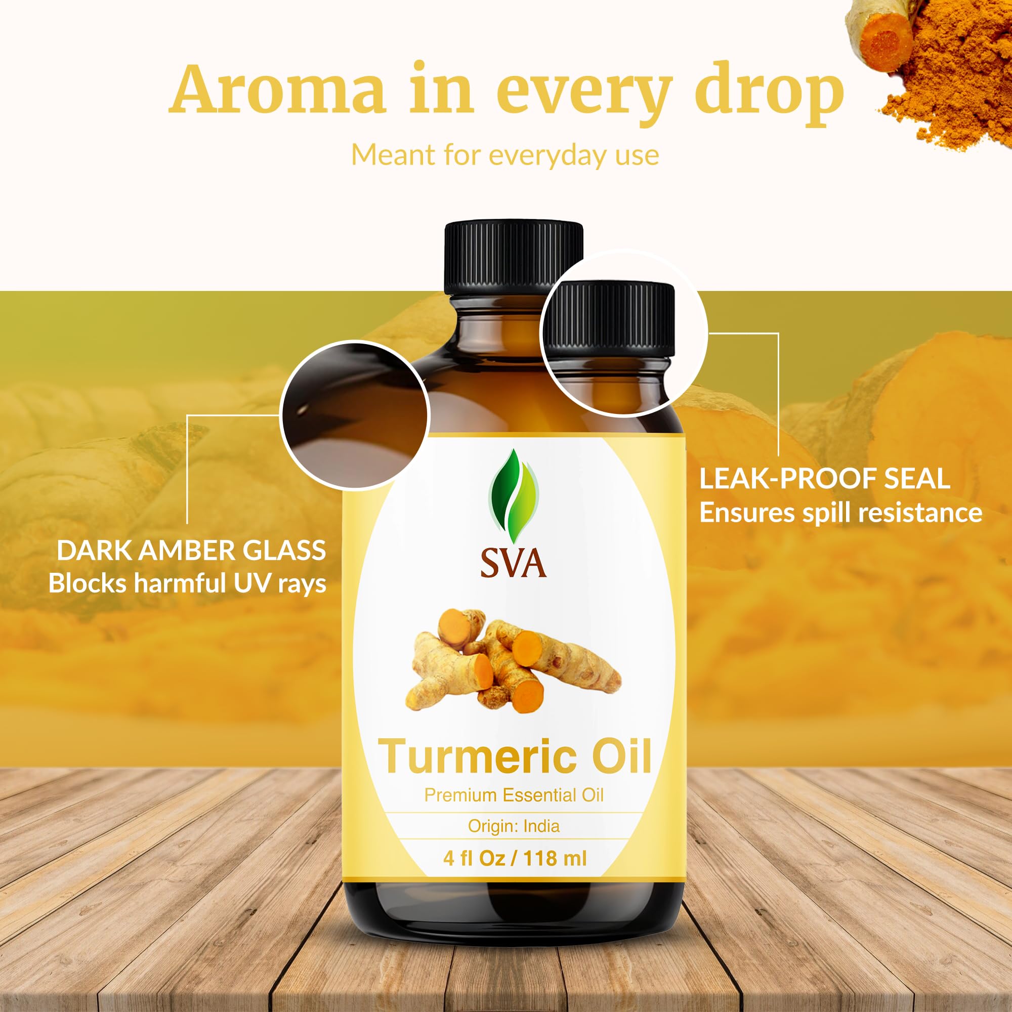SVA ORGANICS, Olio Essenziale di Curcuma, Aroma Molto Forte, Grado Terapeutico 100% Puro e Naturale, per Massaggio Ayurvedico e Relax, Aromaterapia, Skincare, 4 Fl Oz (Confezione da 1)