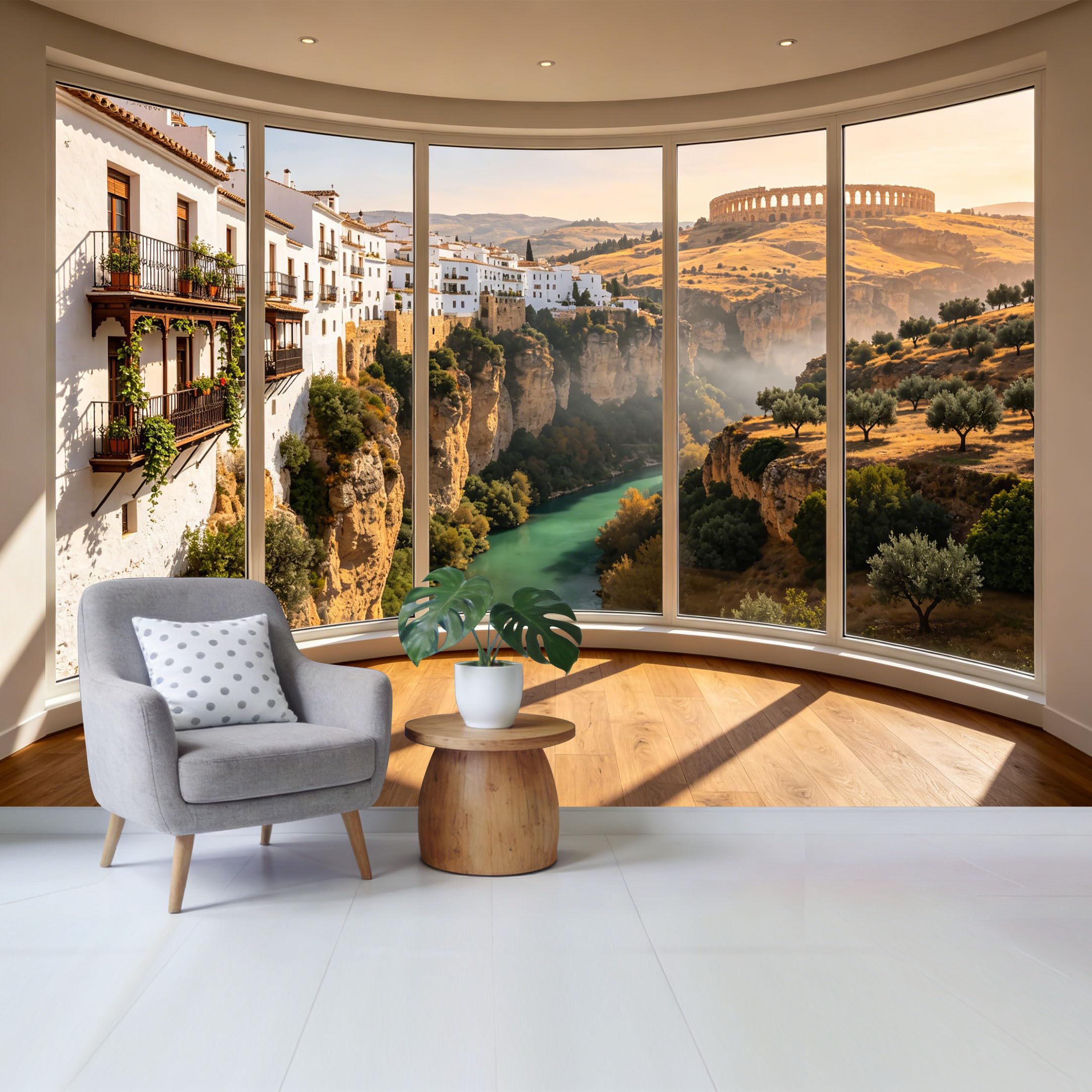 Removable Self Adhesive Fabric Mural， Mediterranean Cliffside Town Landscape Custom Size Wall Covering， UV Protected Waterproof Washable Wall Decor for Living Room Bedroom Bathroom