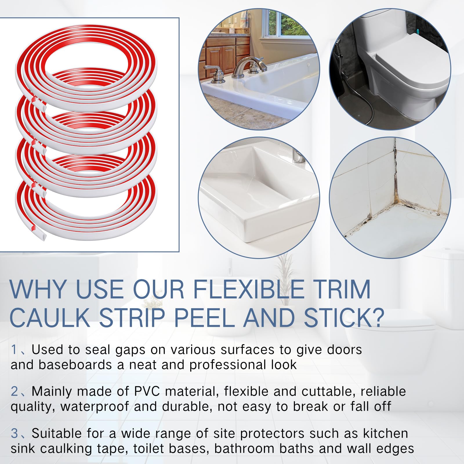 Rolls Flexible Trim Caulk Strip Peel and Stick Trim Quarter Round Molding Trim for Backsplash