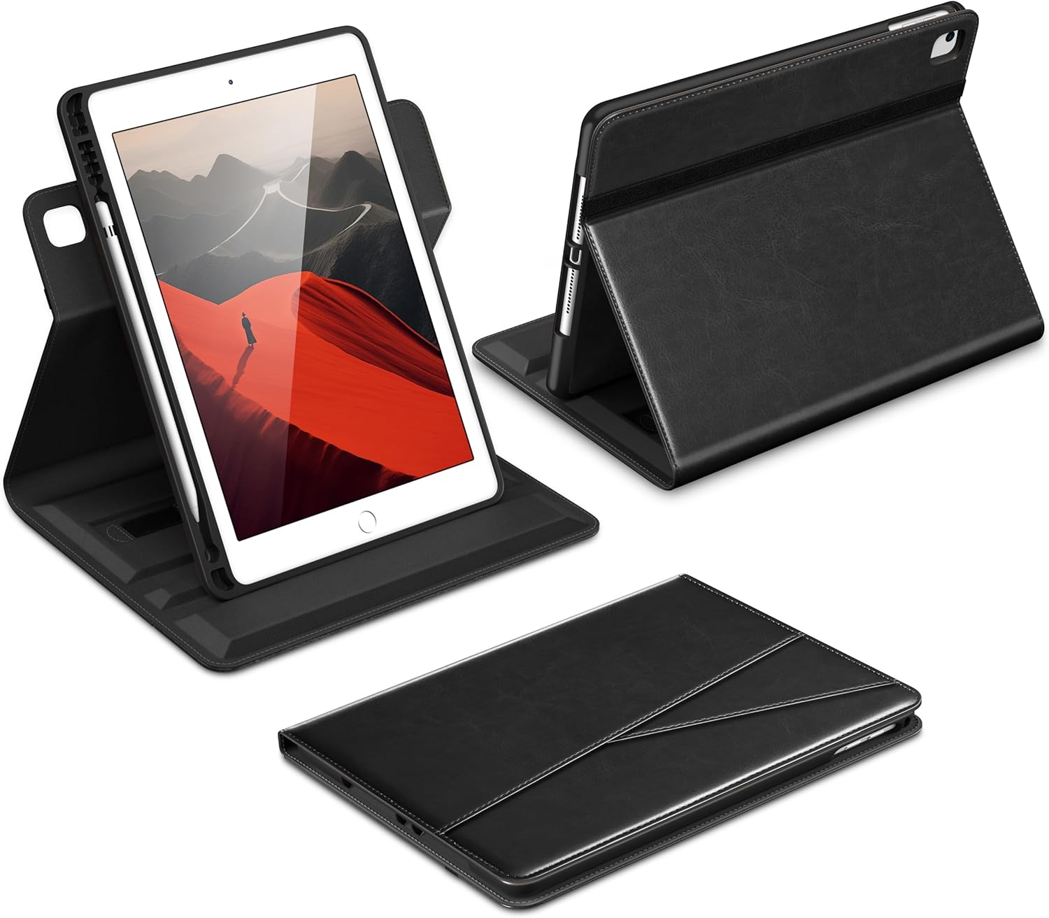 DTTO for iPad 6th / 5th Generation 9.7 Inch (2018/2017), iPad Air 2 / Air 1 Case, 360 Degree Rotating Premium Leather Folio Stand Cover with Pencil Holder, Black