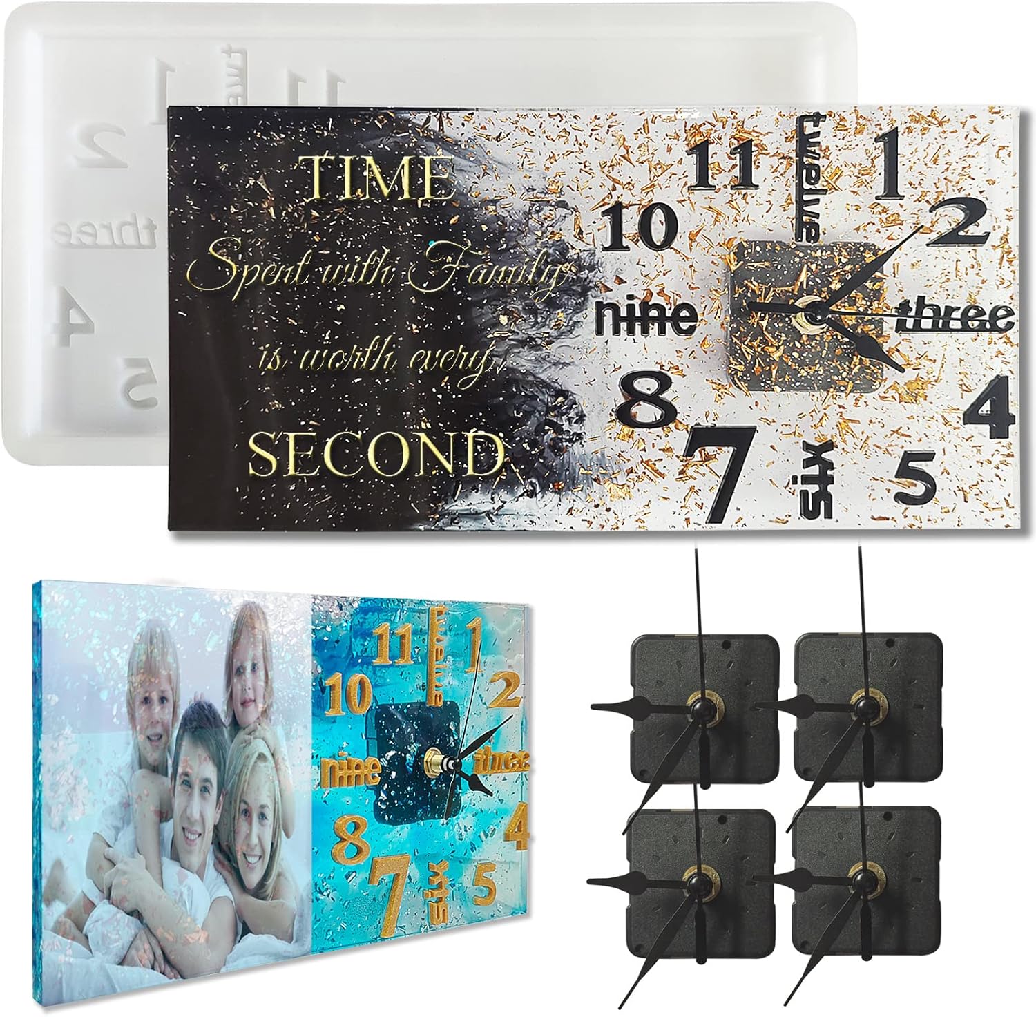 4 Black Movement + 1 Silicone Molds Include,DIY Clock Molds Large Clock Resin Molds,Resin Picture Molds Photo Frame Resin Molds Personalization Clock Silicone Casting Epoxy Resin Photo Display Stand