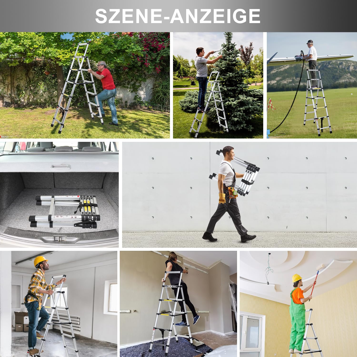 Eulenke Teleskopleiter 1.4m+1.7m Aluminium Trittleiter 4+5 Stufen Tragbare rutschfeste Klappleiter, 150 kg Belastbarkeit Stehleiter, Aluleiter für Drinnen, Draußen, Mehrzweckleiter, Haushaltsleiter