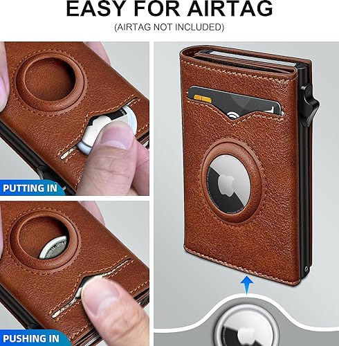 Miniatura 3 de Cartera miyozi Airtag para hombre, con bolsillo para billetes, 2 ventanas para identificación, capacidad para 9-12 tarjetas, estuche de metal,