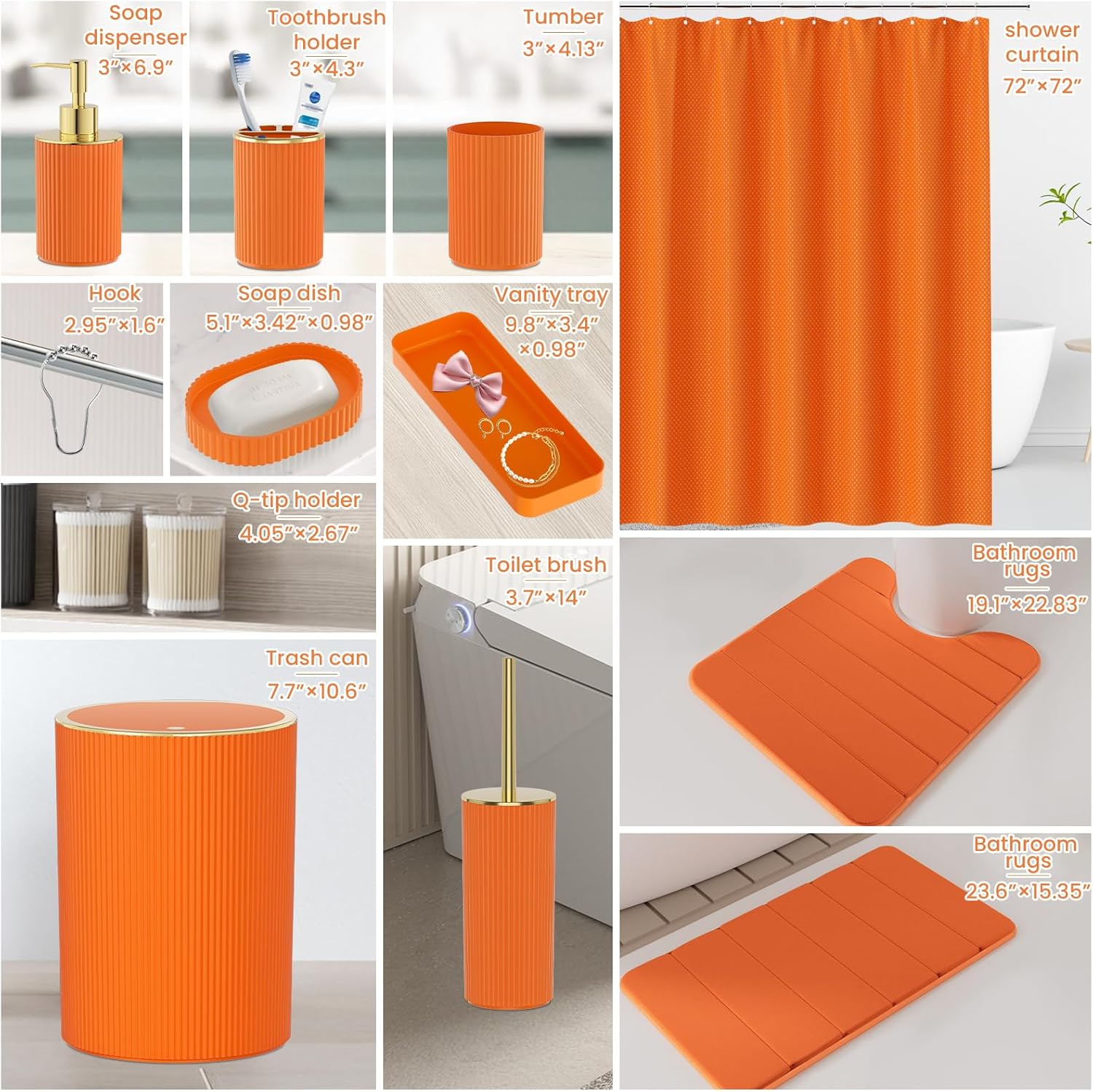 Orange Bathroom Accessories Set - Bathroom Sets, 25PC Bath Accessory Set, Bathroom Sets with Push Top Trash Can, Shower Curtain and Rugs, Toilet Brush, Trash Can & Soap Dispenser